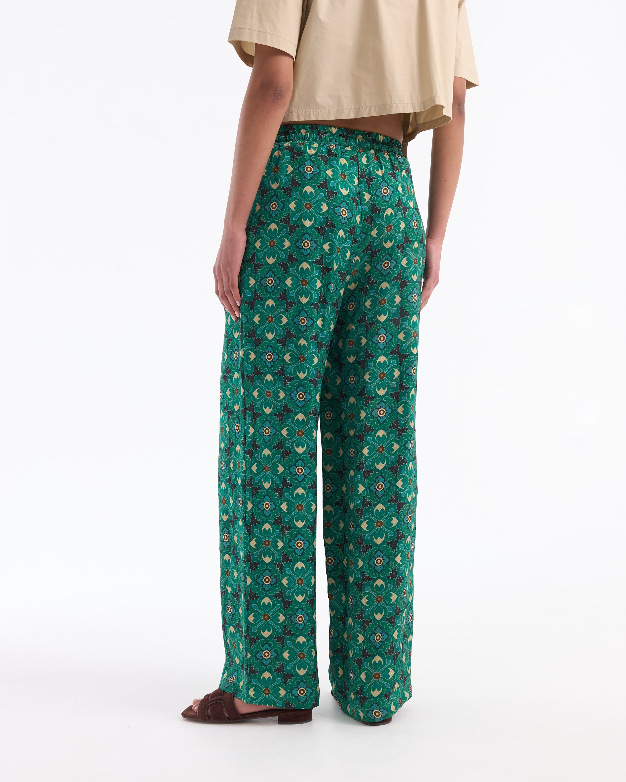 wide-leg pants, green pattern, floral print, elastic waistband, trousers