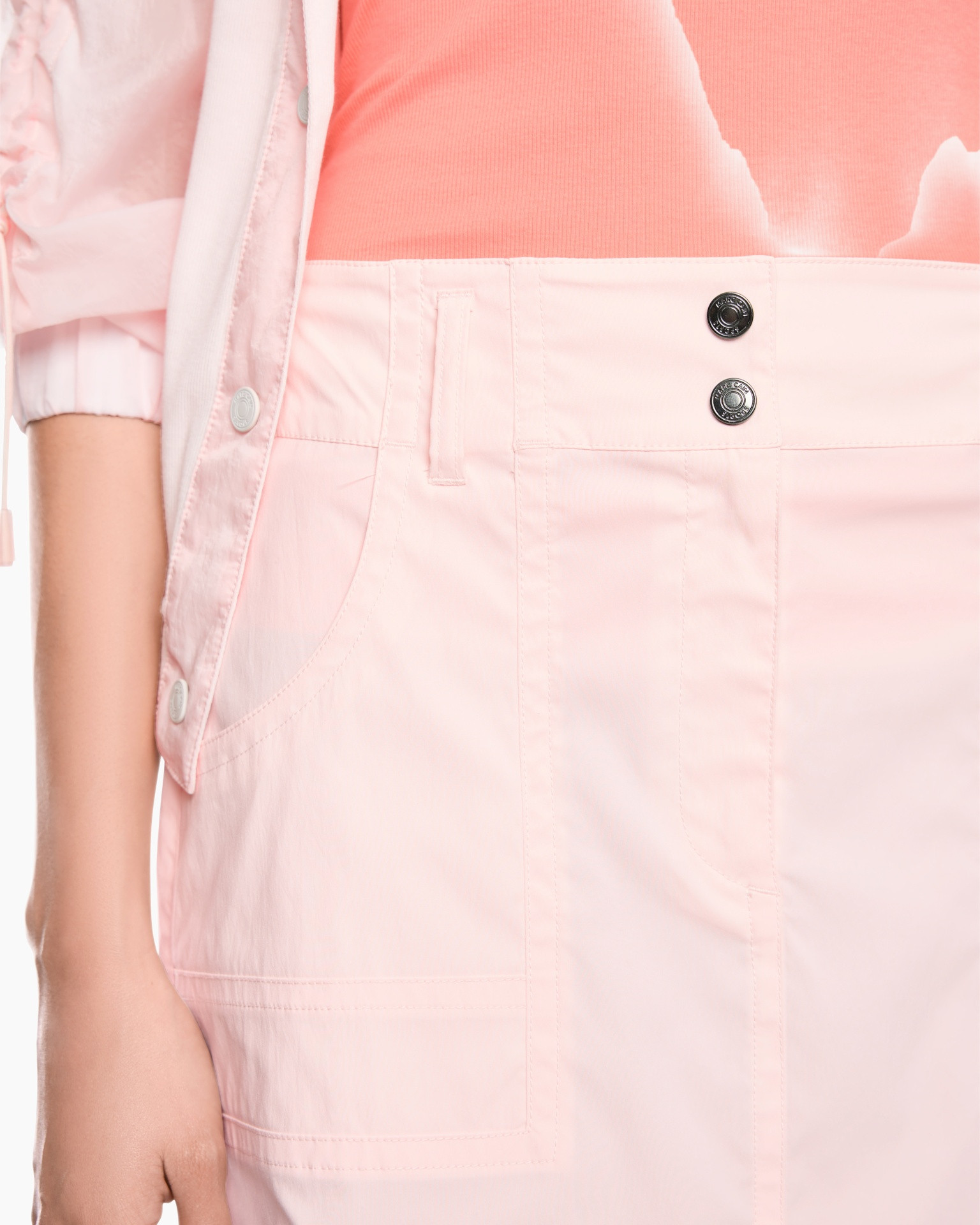 pink pants, high-waist, button detail, cargo pockets, soft pink