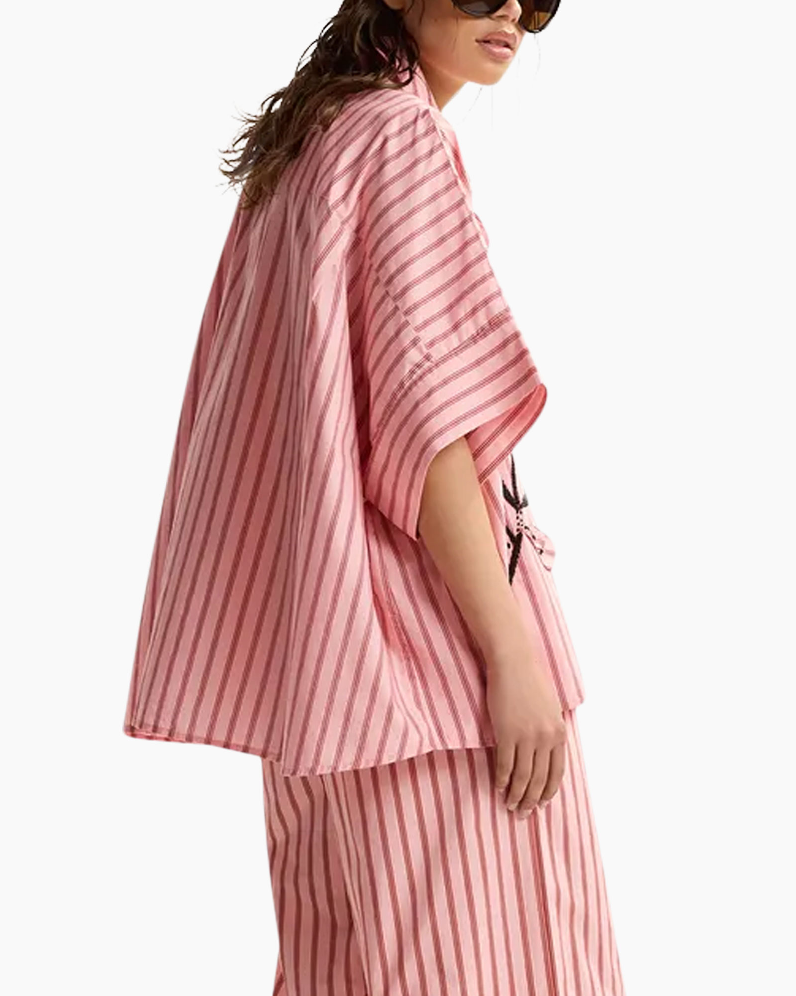 roze, gestreept, shirt, top, borduring