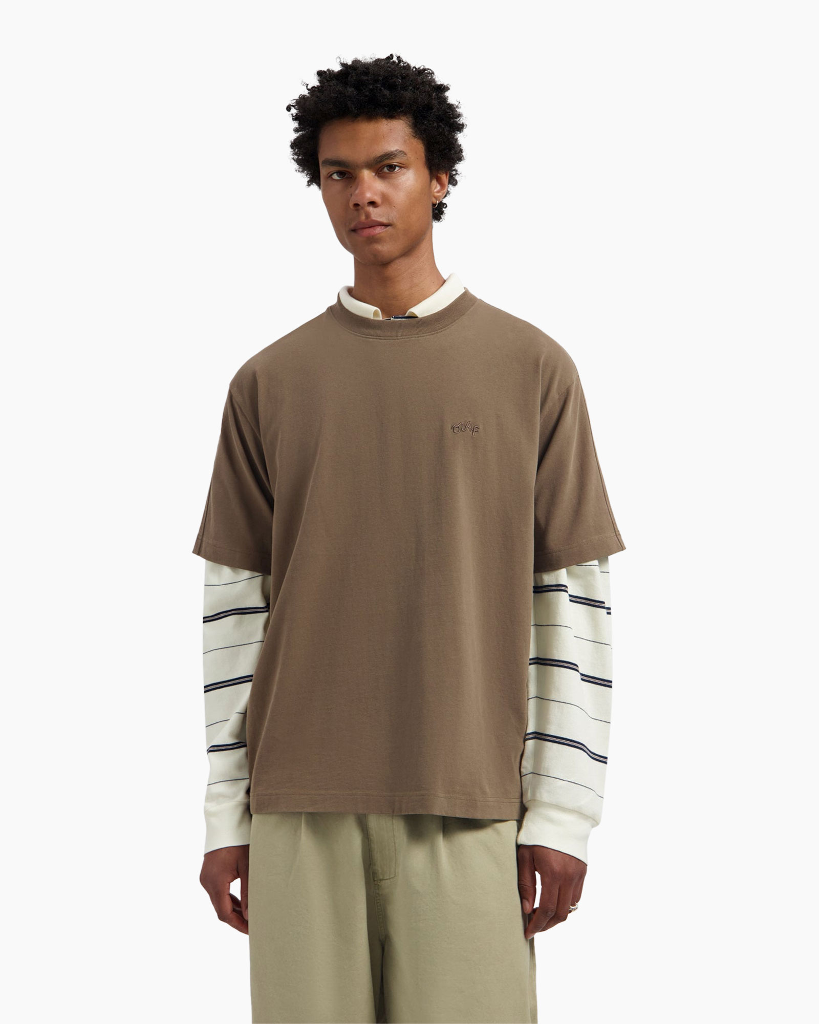 t-shirt, korte mouw, bruin, laagjes, gestreepte mouwen