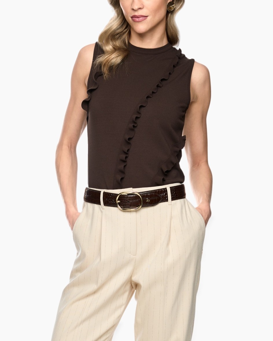 top zonder mouwen, ruffle detail, bruin t-shirt, zakken niet zichtbaar, halshoogte