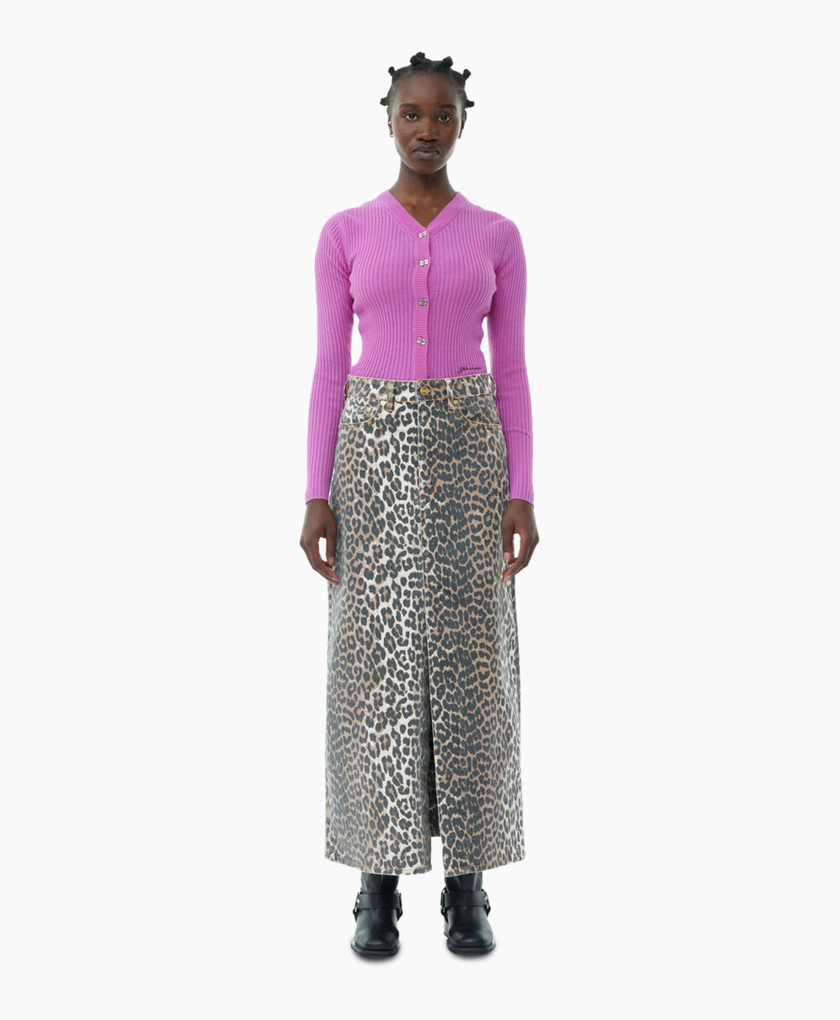 Ganni Midi Rok Print Denim Maxi Slit Bruin