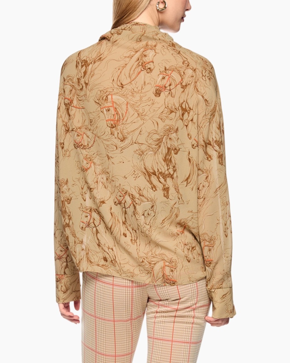 blouse, print paisley, lange mouwen, sjaal detail, beige