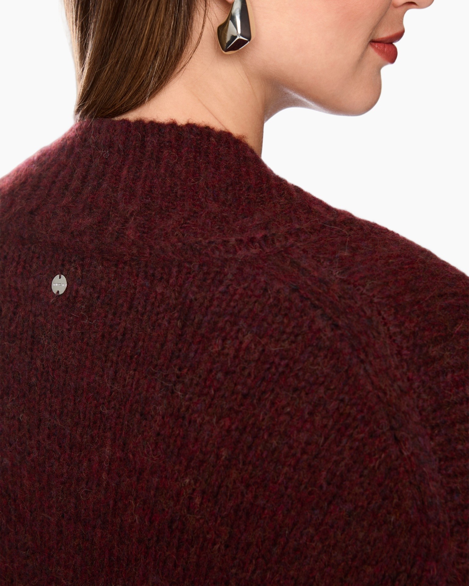 burgundy, brei, trui, schouder, ribbelig
