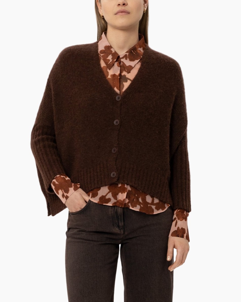 cardigan, breipaartrui, bruin, laagjes, blouse onderlaag