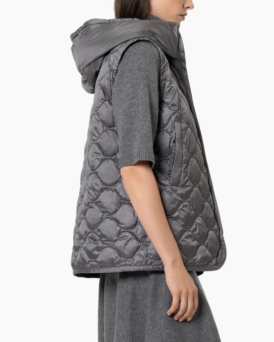 dunne puffer vest, quilting, grijs, capuchon, middelzwaar