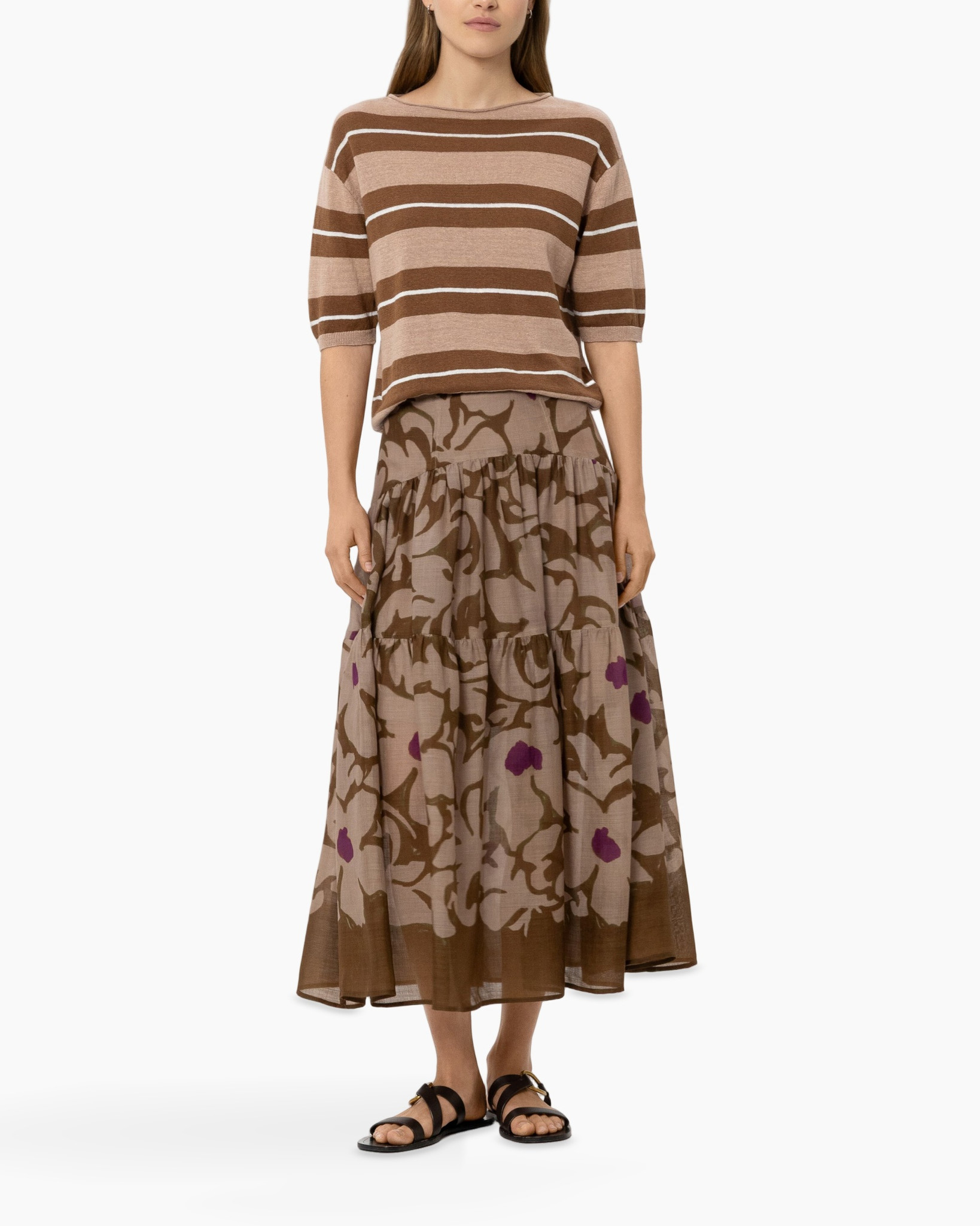 gestreepte trui, brei top, driekwart mouw, bruine tinten, bloemenrok