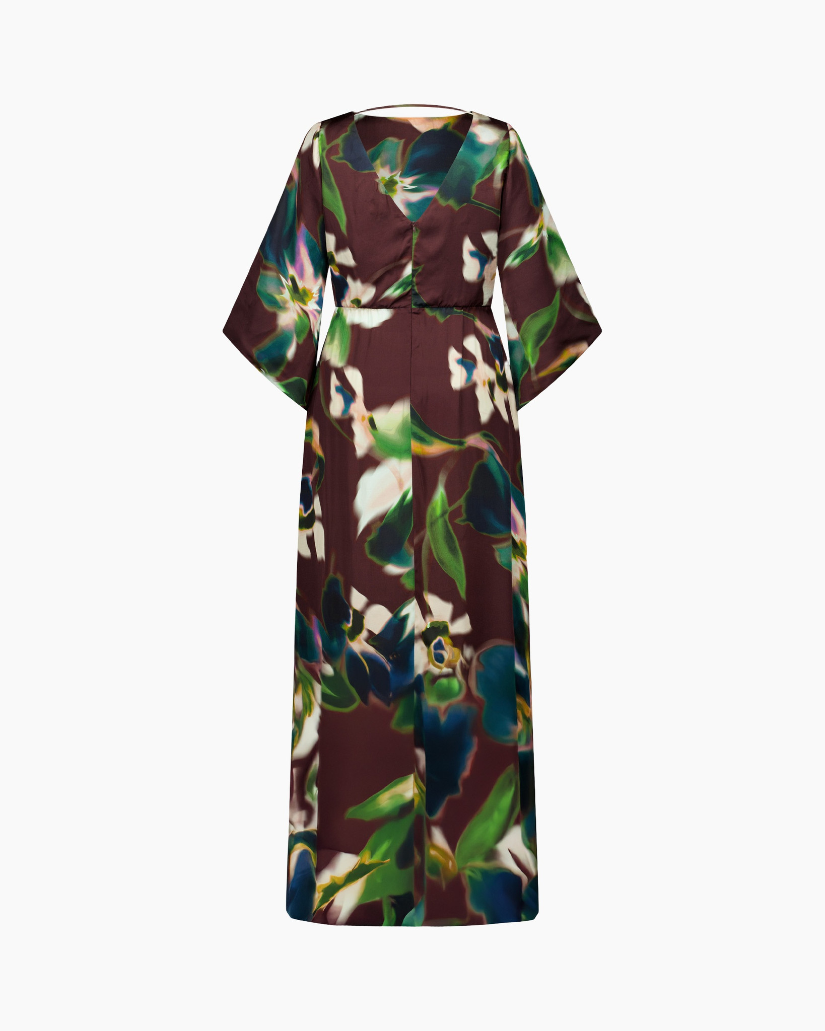 maxi dress, floral pattern, kimono sleeve, green leaves, brown base