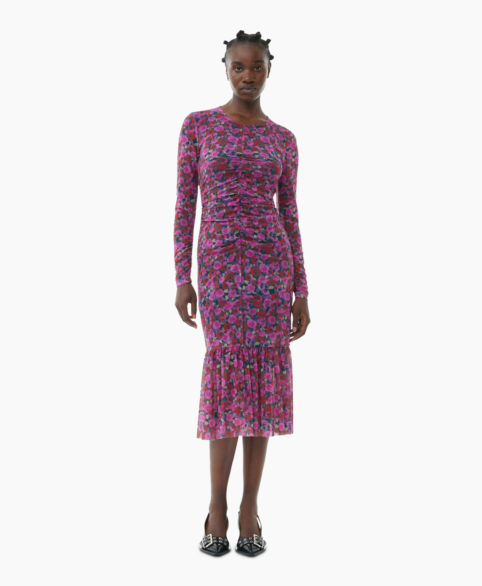 Midi Jurk Printed Mesh Long Sleeve Gathered Roze