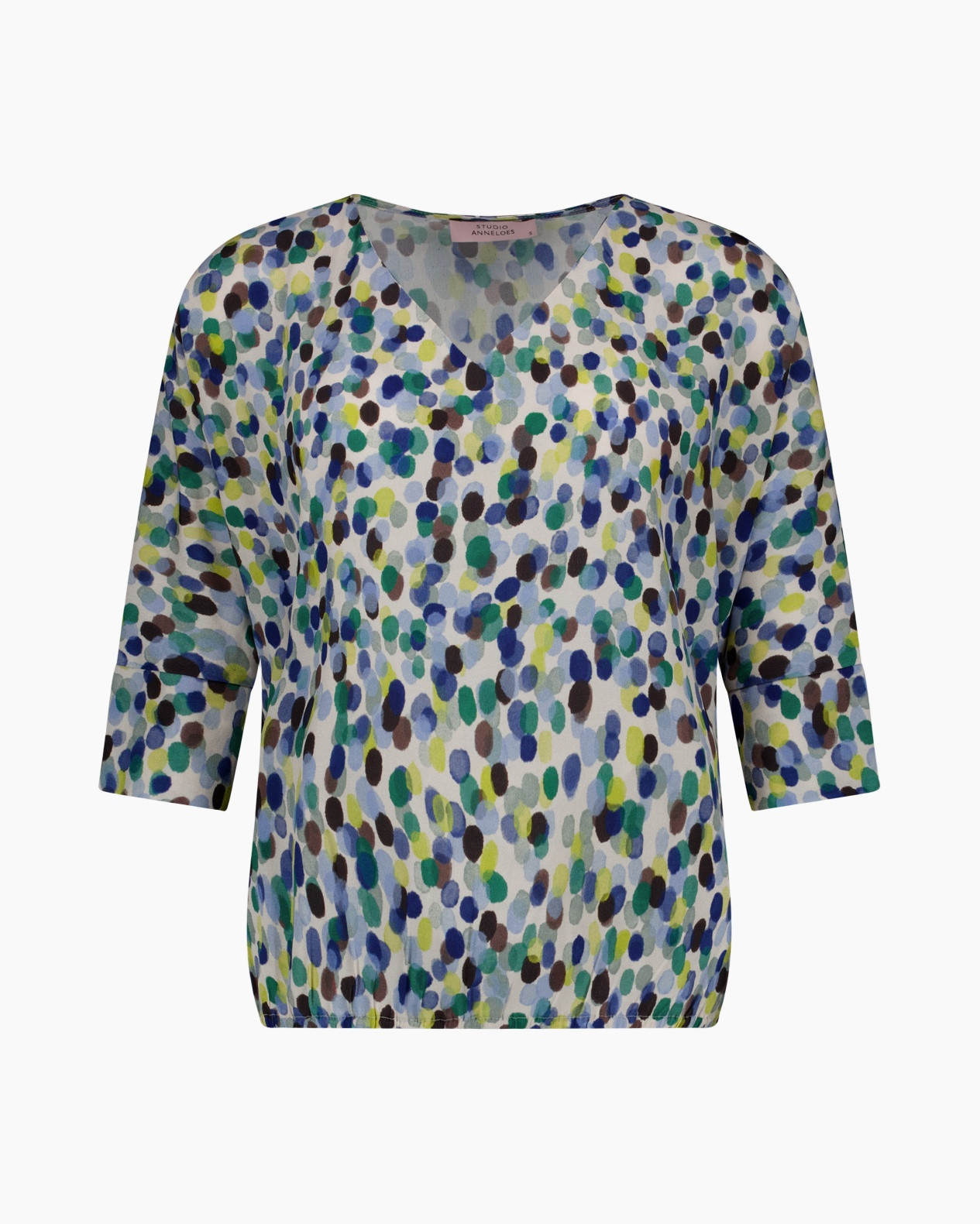 top, blouse, polyester, korte mouwen, puntjes patroon