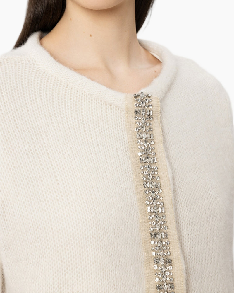 Haarkorte?,  Knitted cardigan,  Geborduurd rand,  Gebeeldhouwde lijn,  Crème kleur