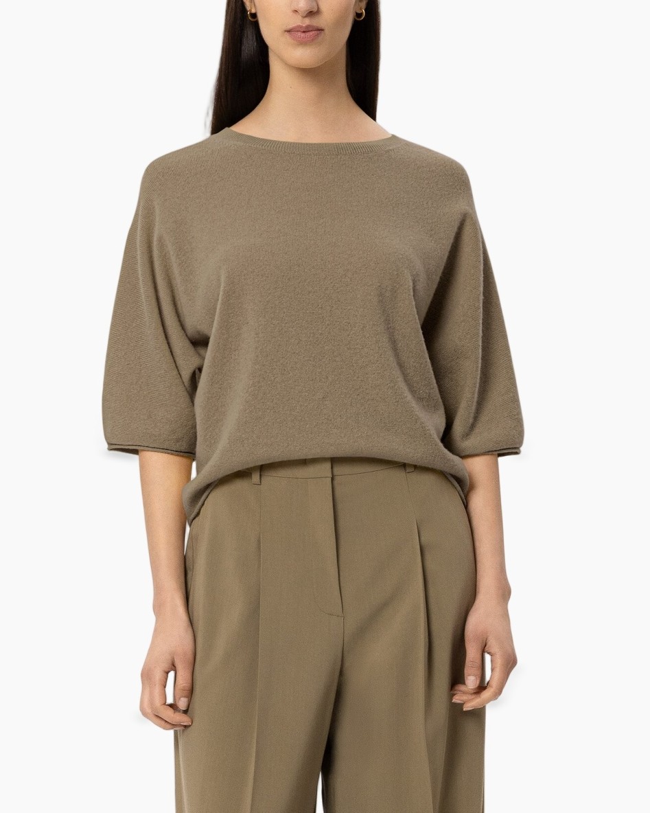 gebreide top, top, taupe, korte mouwen, lose pasvorm