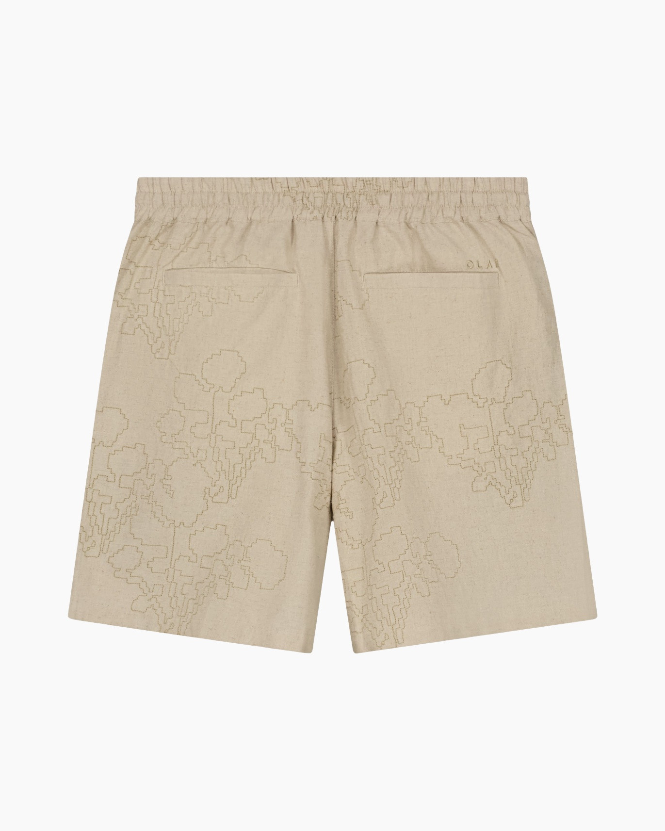 beige, shorts, drawn pattern, elastic waistband, pocket