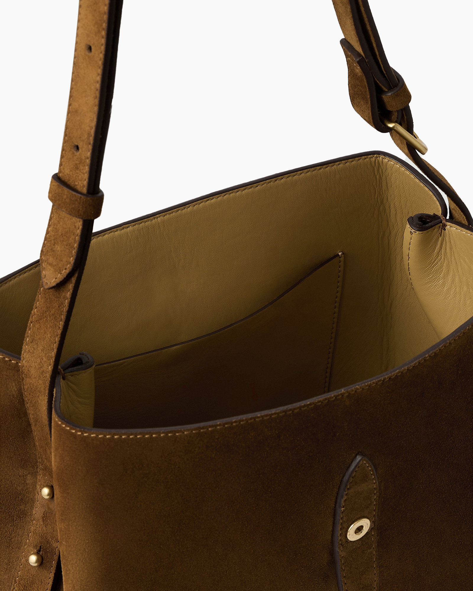 handbag, bucket bag, brown, suede, open top