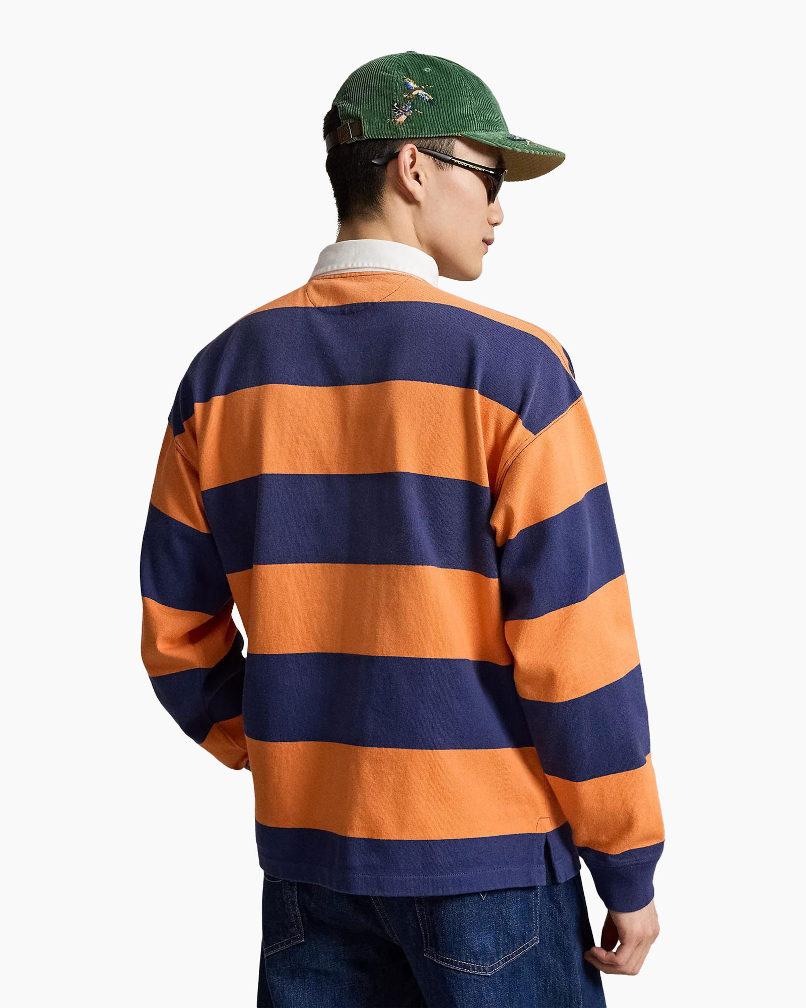 poloshirt met strepen, lange mouw, oranjeblauw, kraag polo, navy strepen