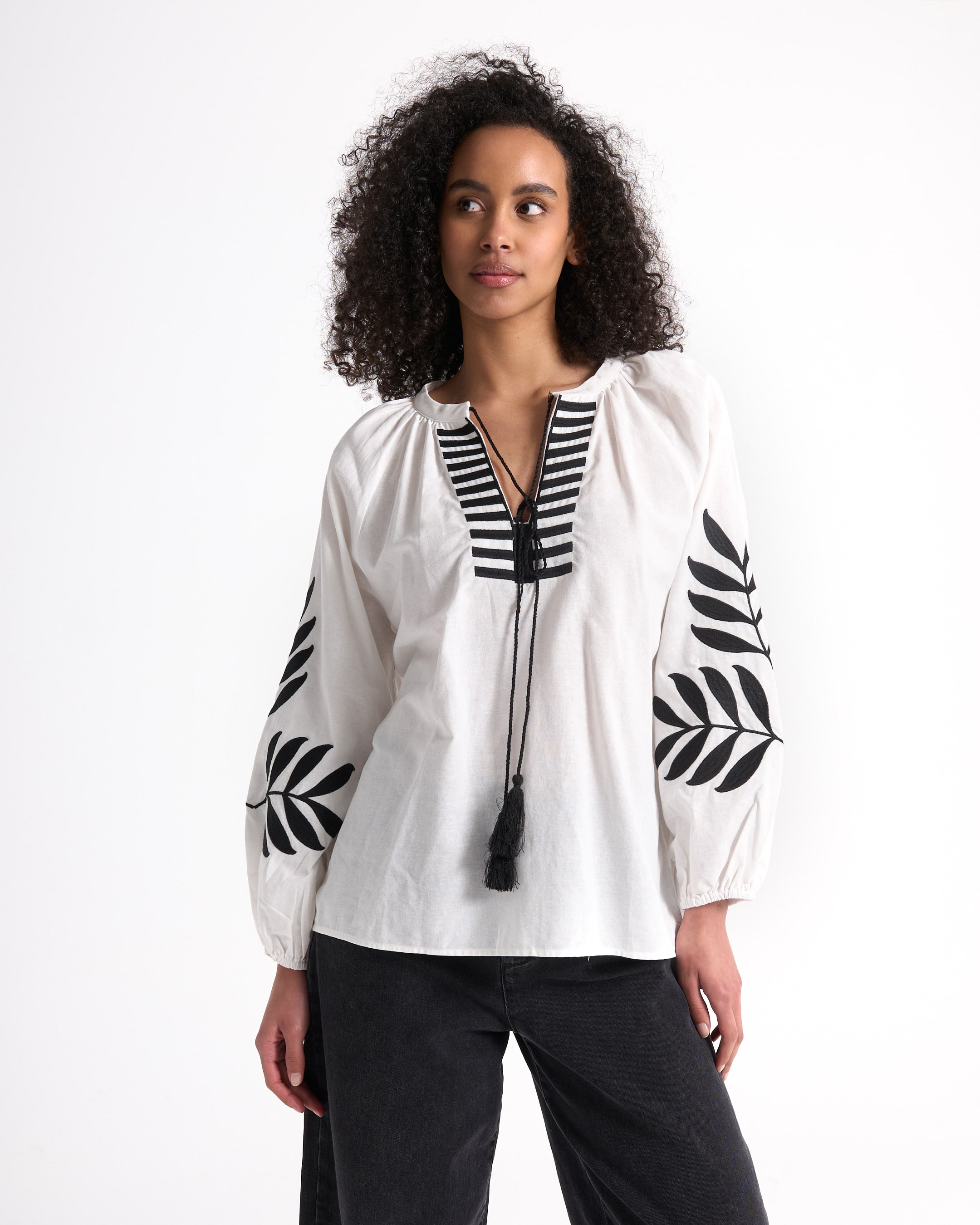 blouse, white top, embroidered sleeve, elastic neckline, black pattern