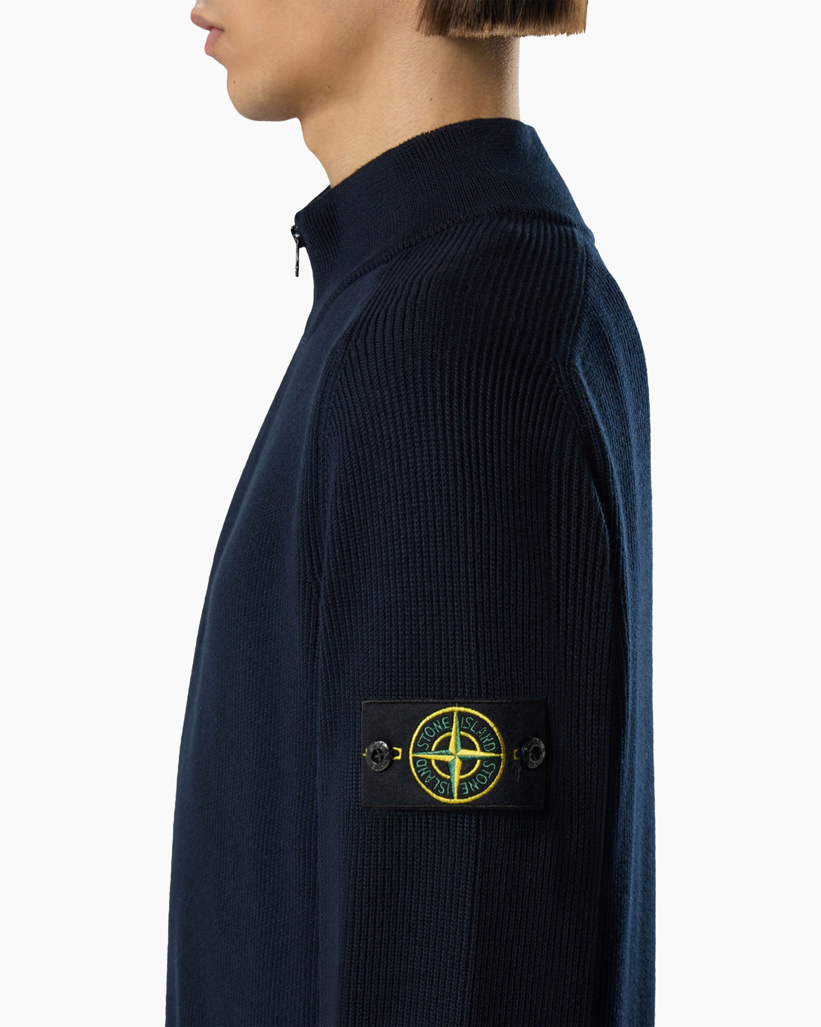 marineblauw trui, donslaag rits, ribbreisel, patchlogo, slank fit