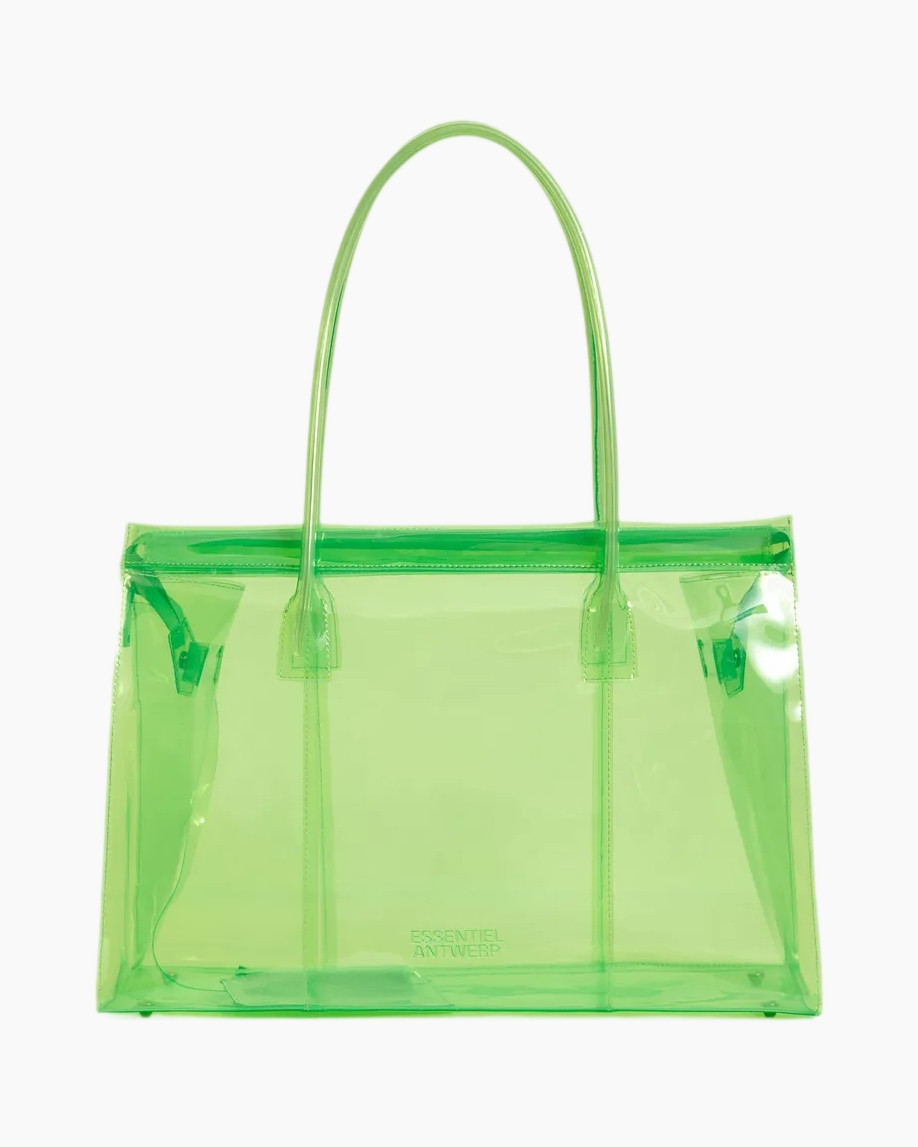doorzichtige tas, groene tote, plasticose tas, essentiel antwerp logo, brede handvatten