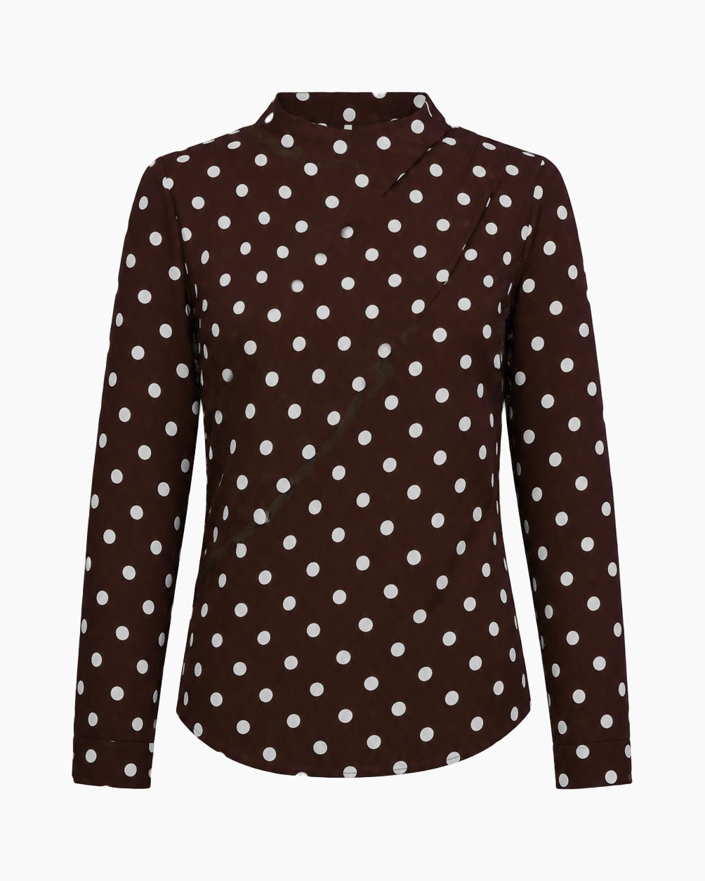 damesblouse, lange mouwen, stippen, bruin, hoge hals