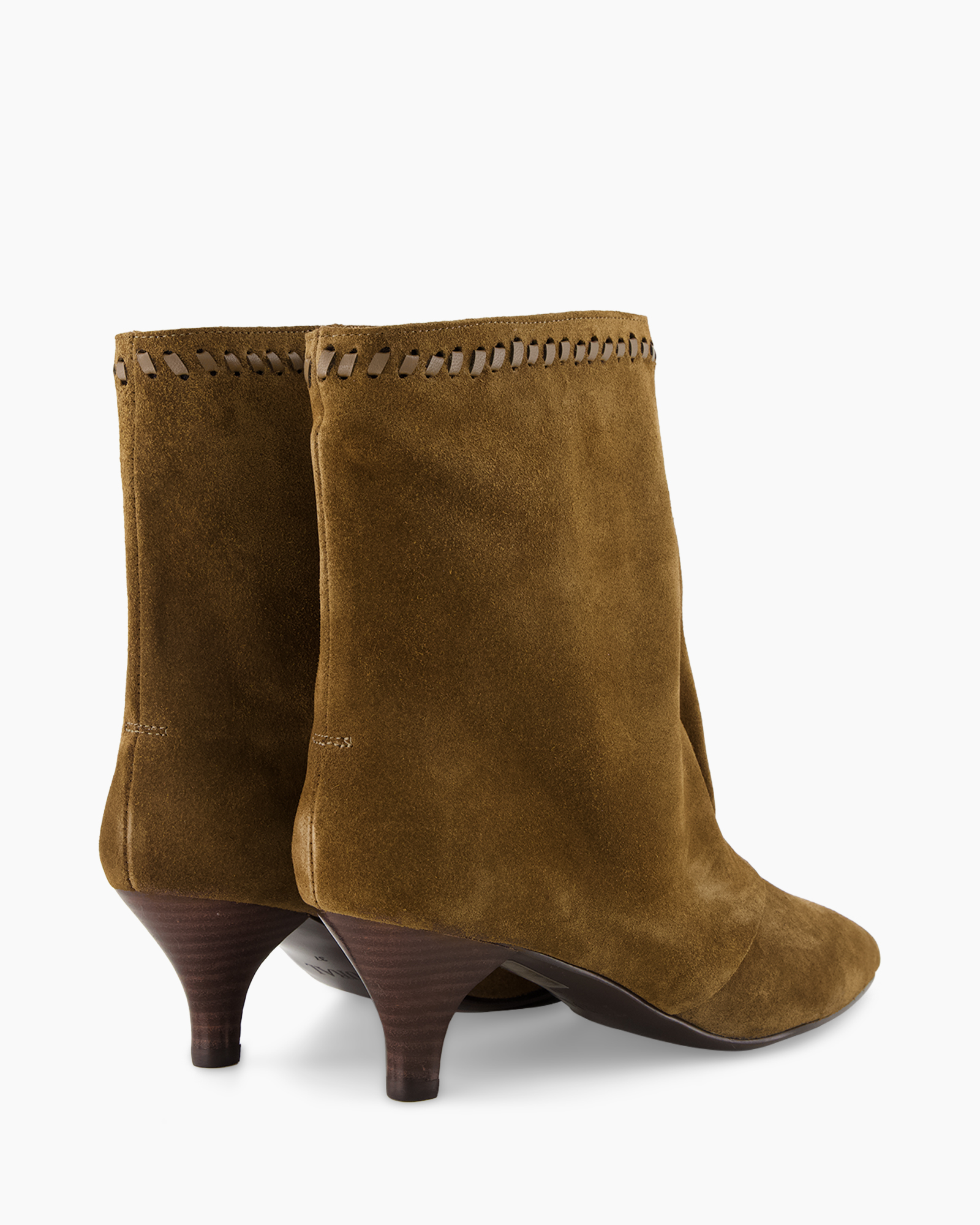 enkellaarsjes, suede, bruine, stikdetail, middenhak