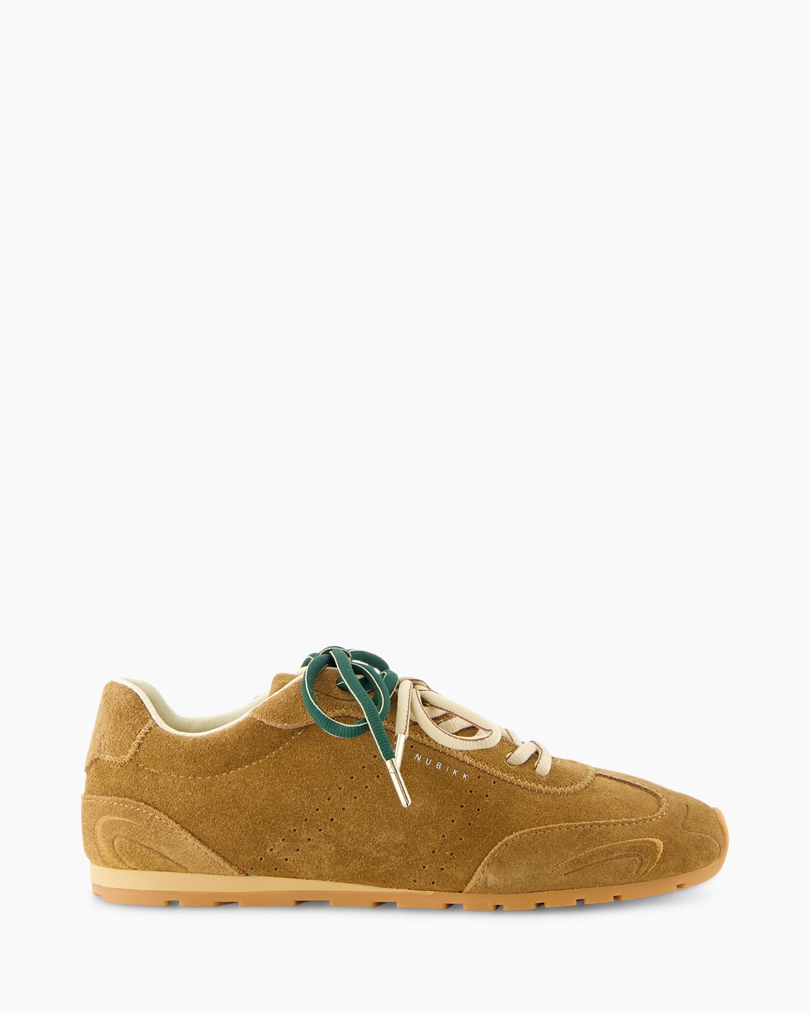 sneaker, suede, bruin, groene_riemen_knoop, geperforeerde_patroon