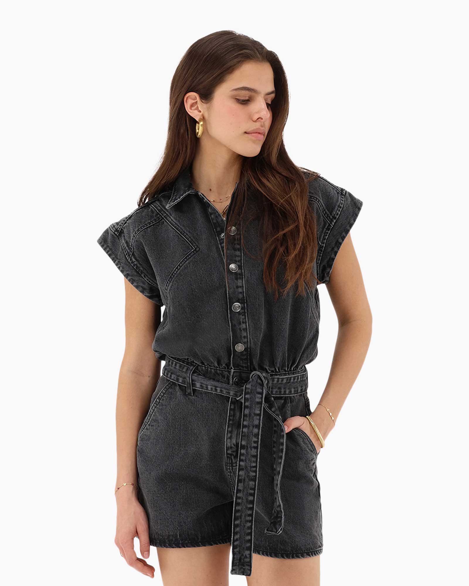 Jumpsuit  Denim Playsuit With Wide Shoulder midden grijs
