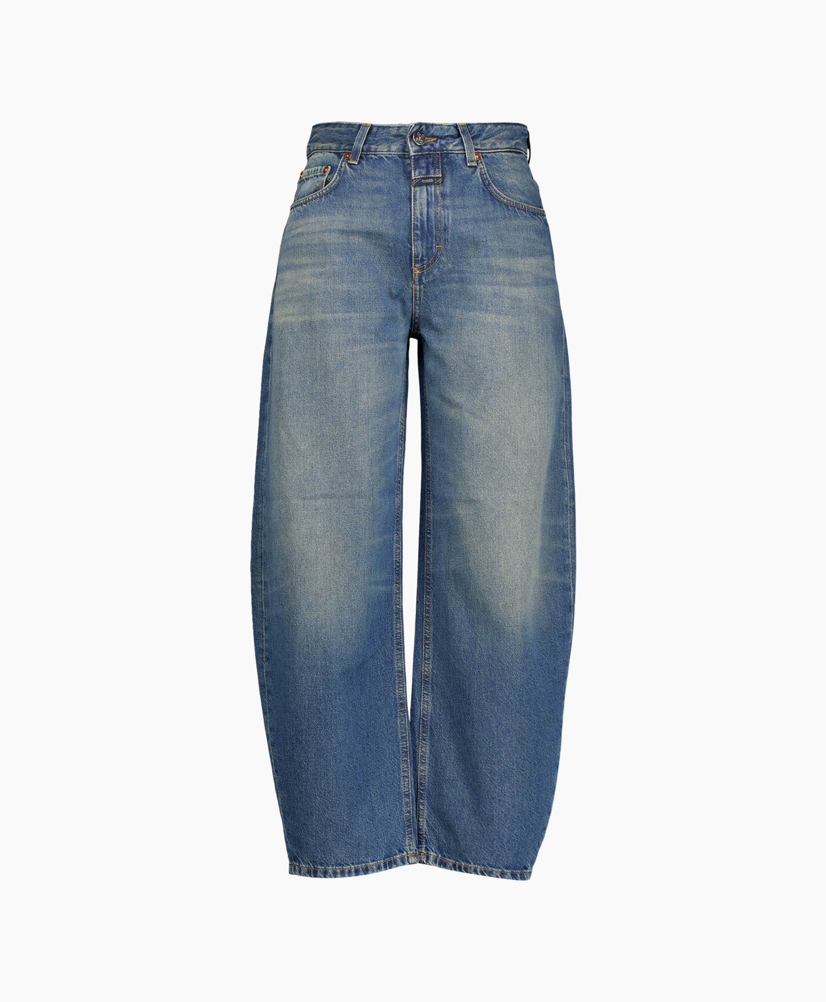 spijkerbroek, blauwe jeans, versleten/distressed, losse pasvorm, hoog taille
