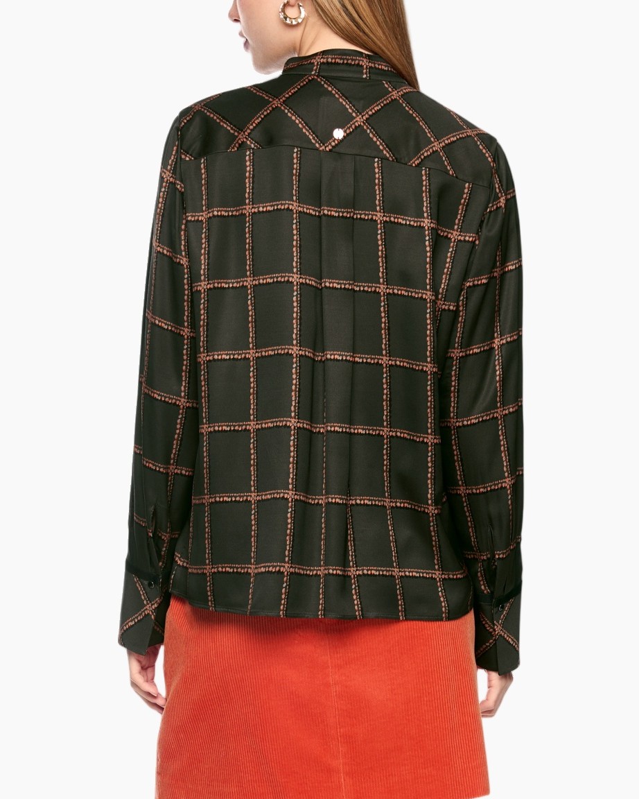blouse, patroon grid, lange mouwen, donkergroen, kraag