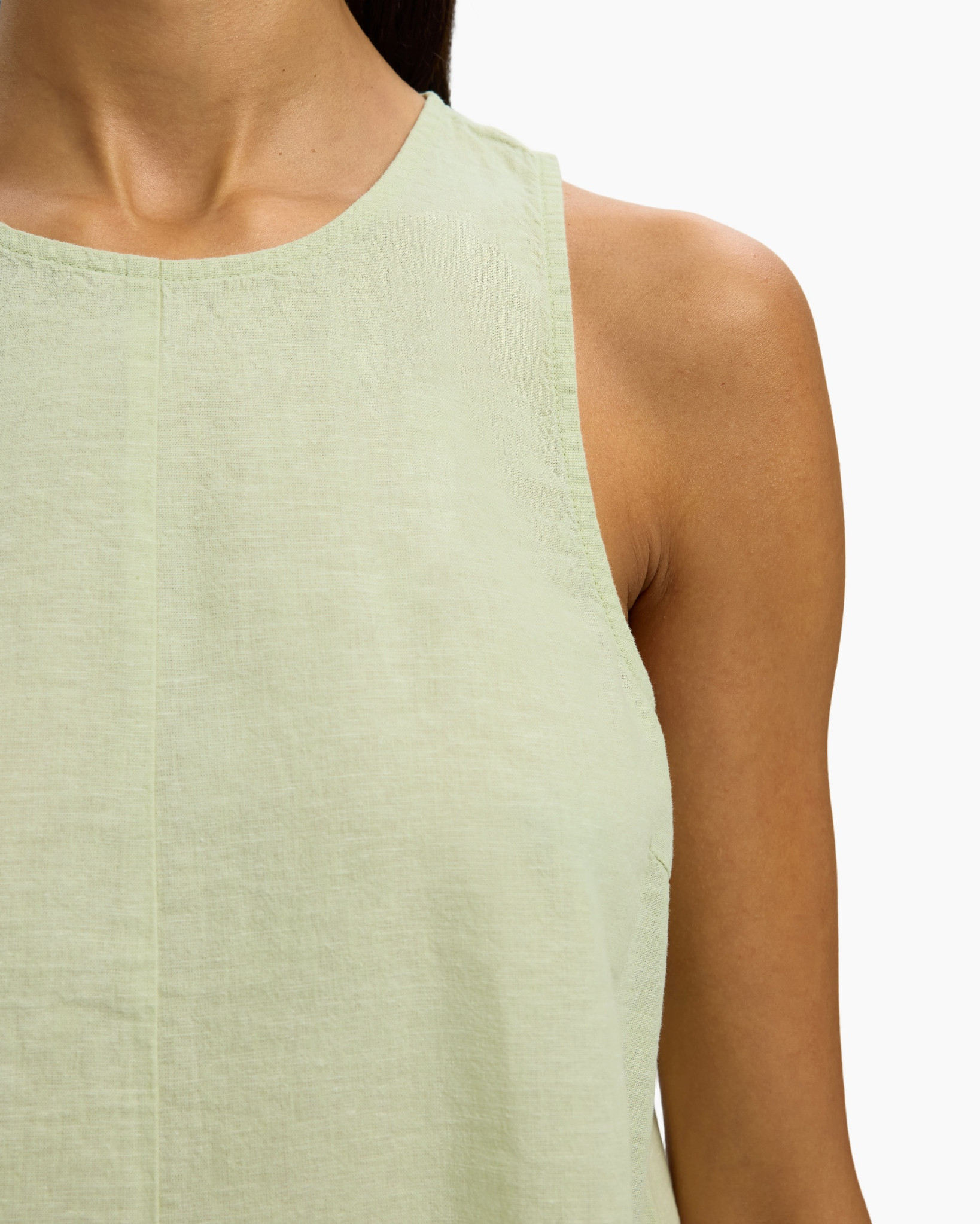 sleeveless top, linen, pale green, round neck, solid color