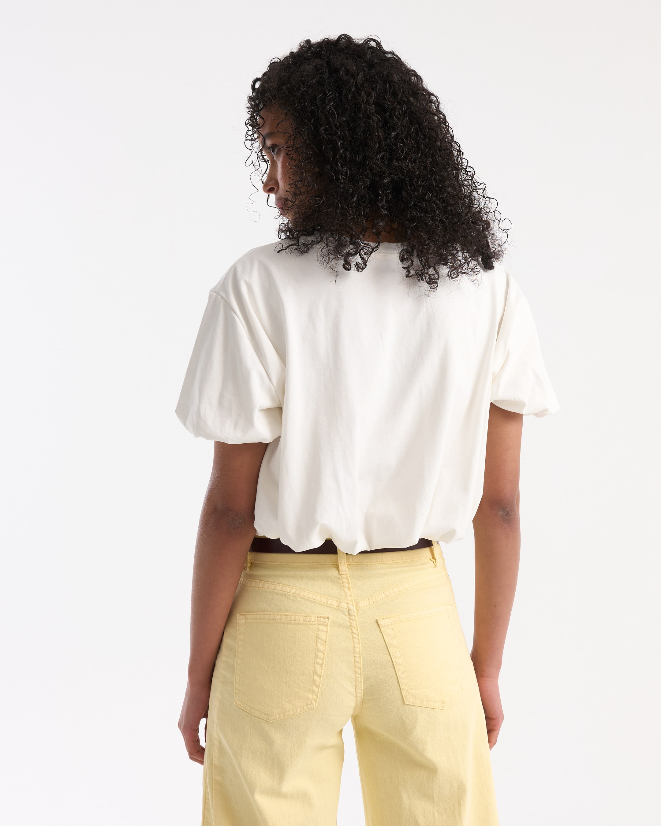 t-shirt, short sleeves, white, loose fit, back view