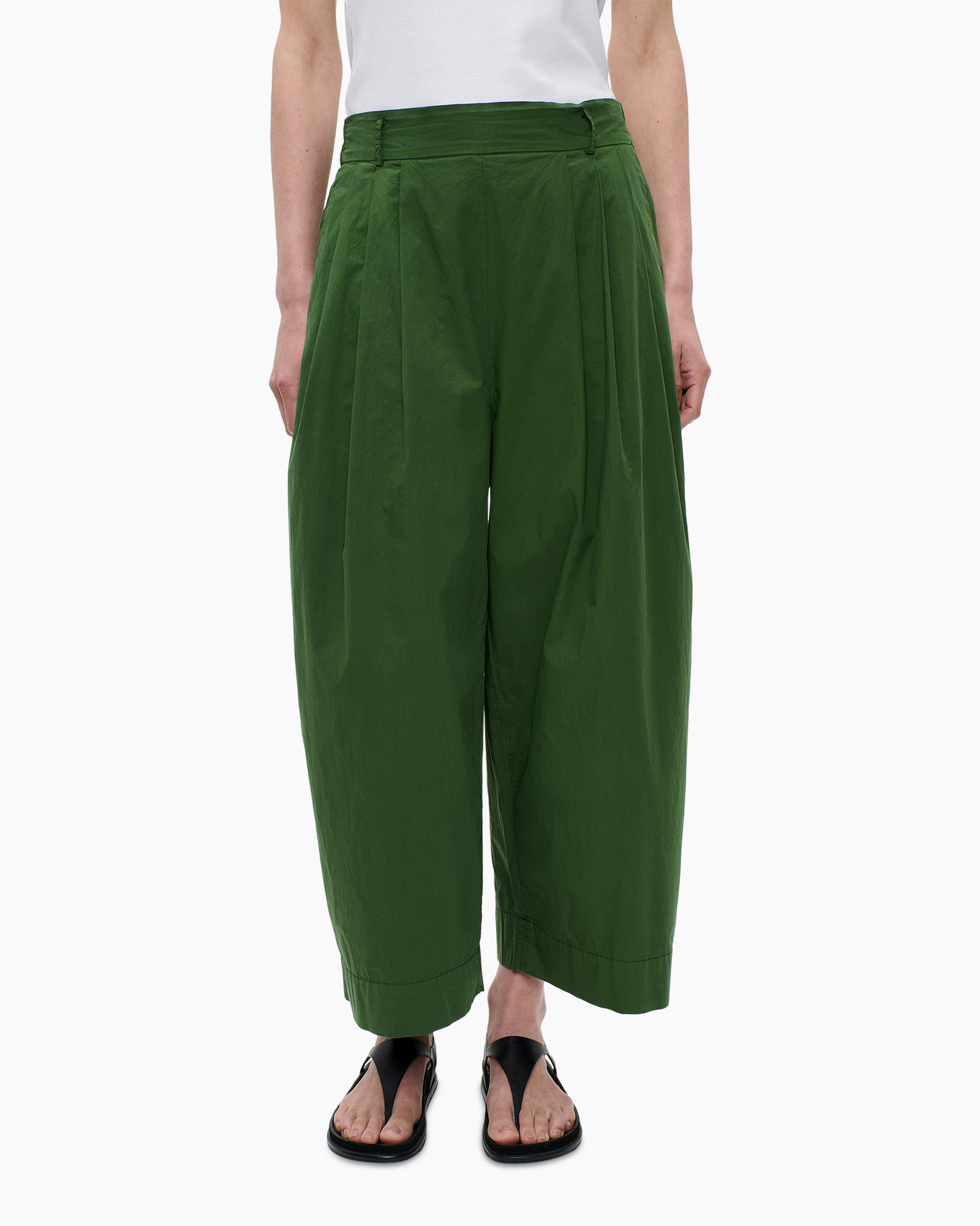 groene broek, wijd-uit, culotte, enkellengte, elastische taille