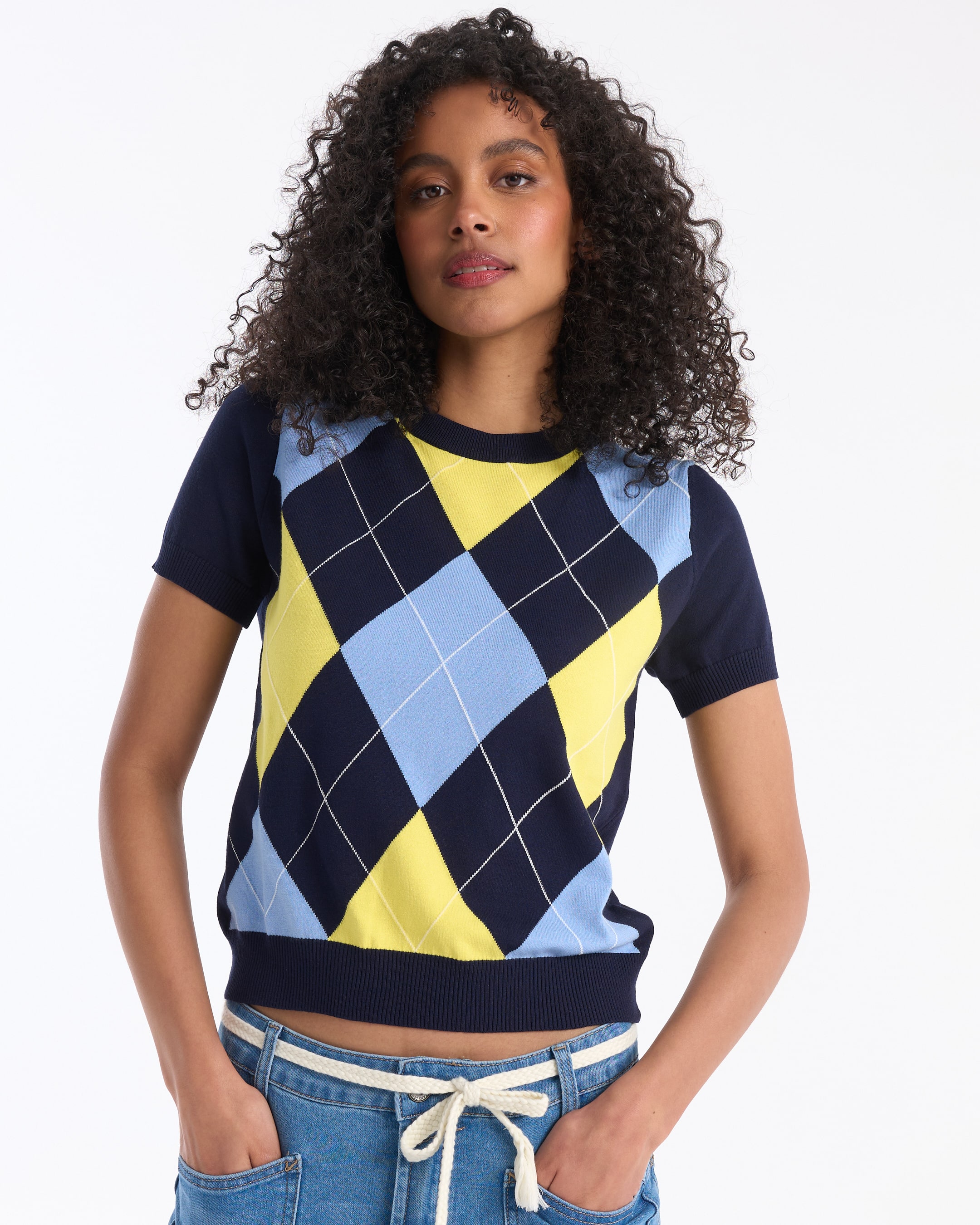 argyle, gebreid, trui, korte mouwen, pull-over