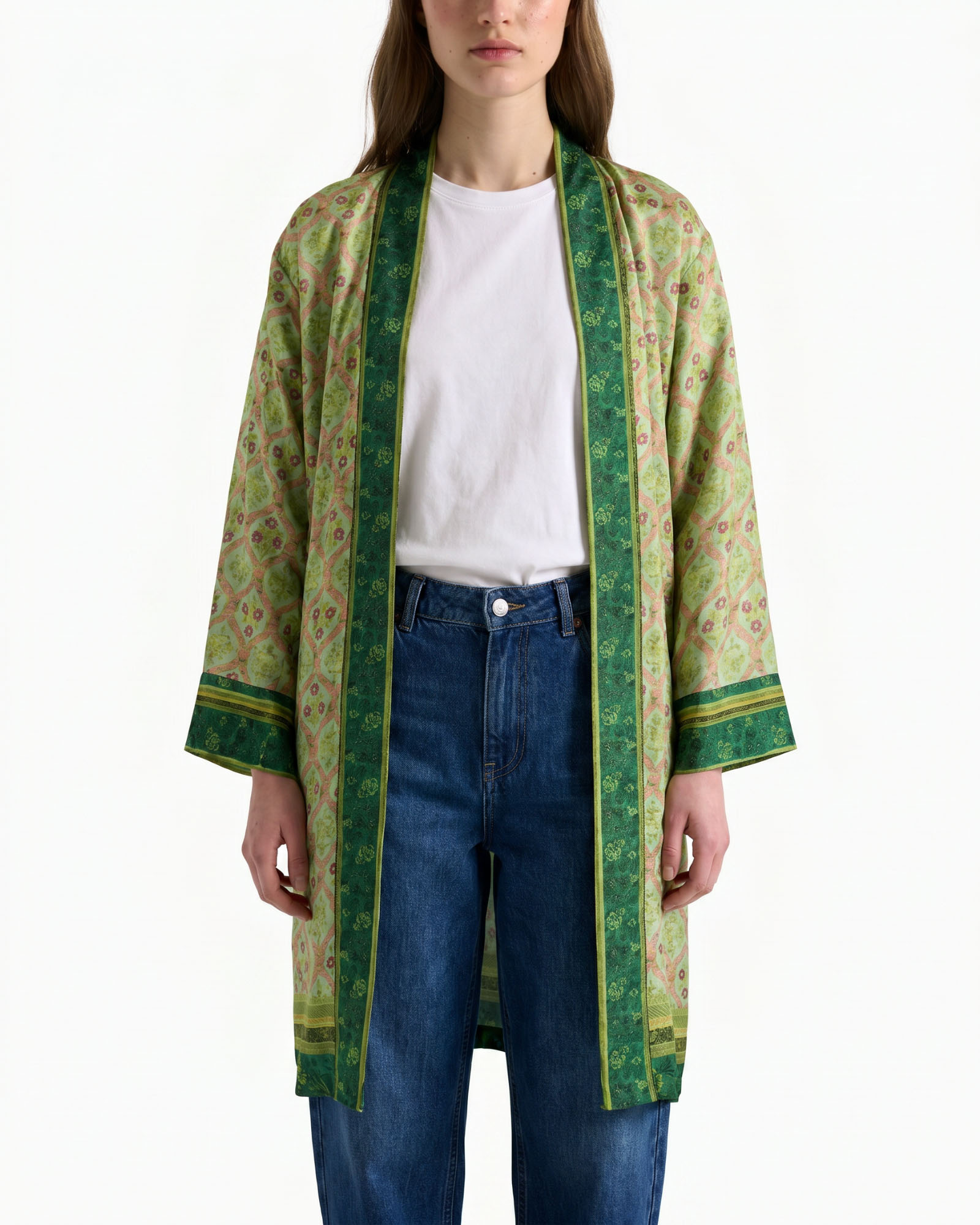kimono, groen, patroon, jasje, open voor