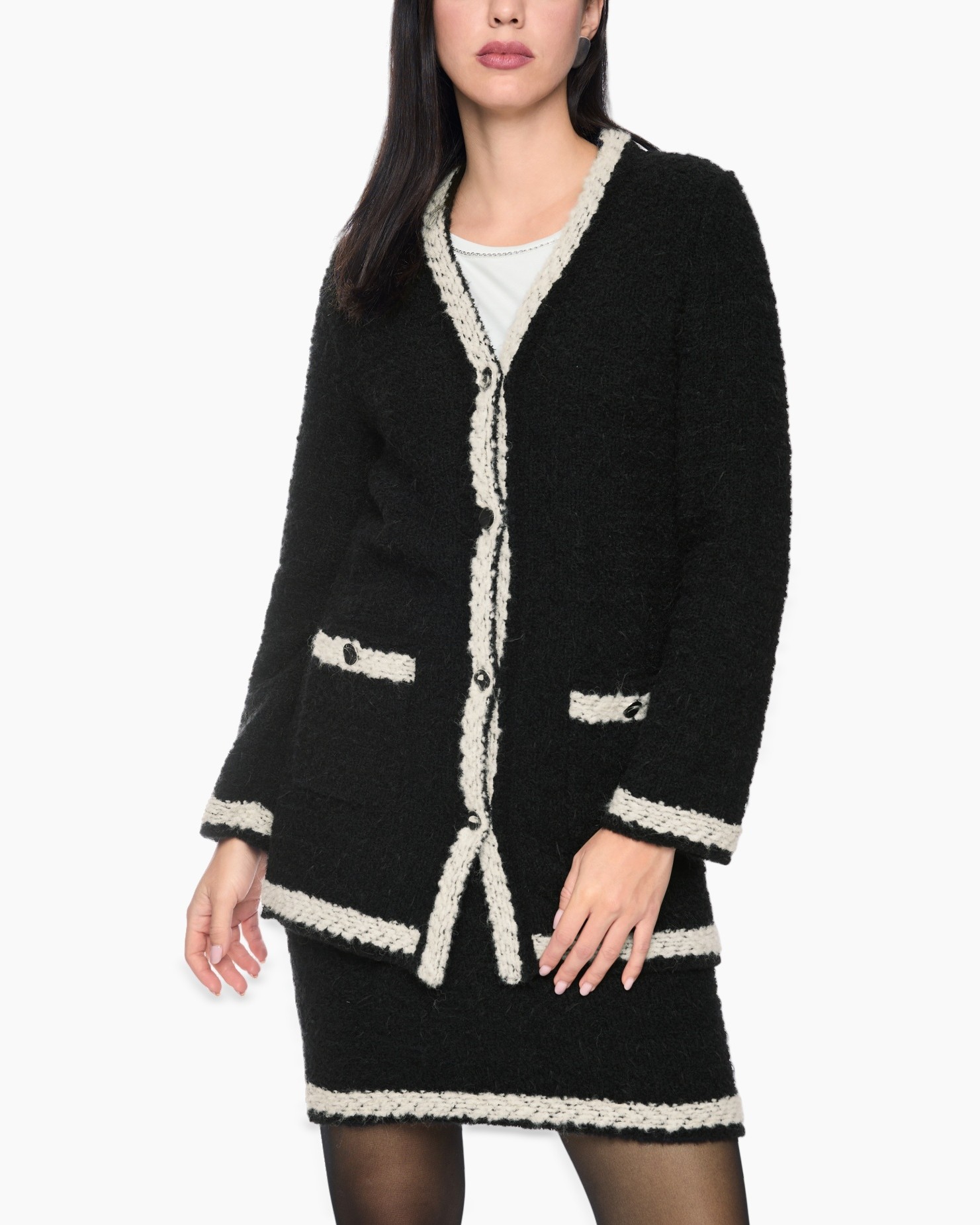 cardigan, bouclé, zwart, boord, knopen cardigan