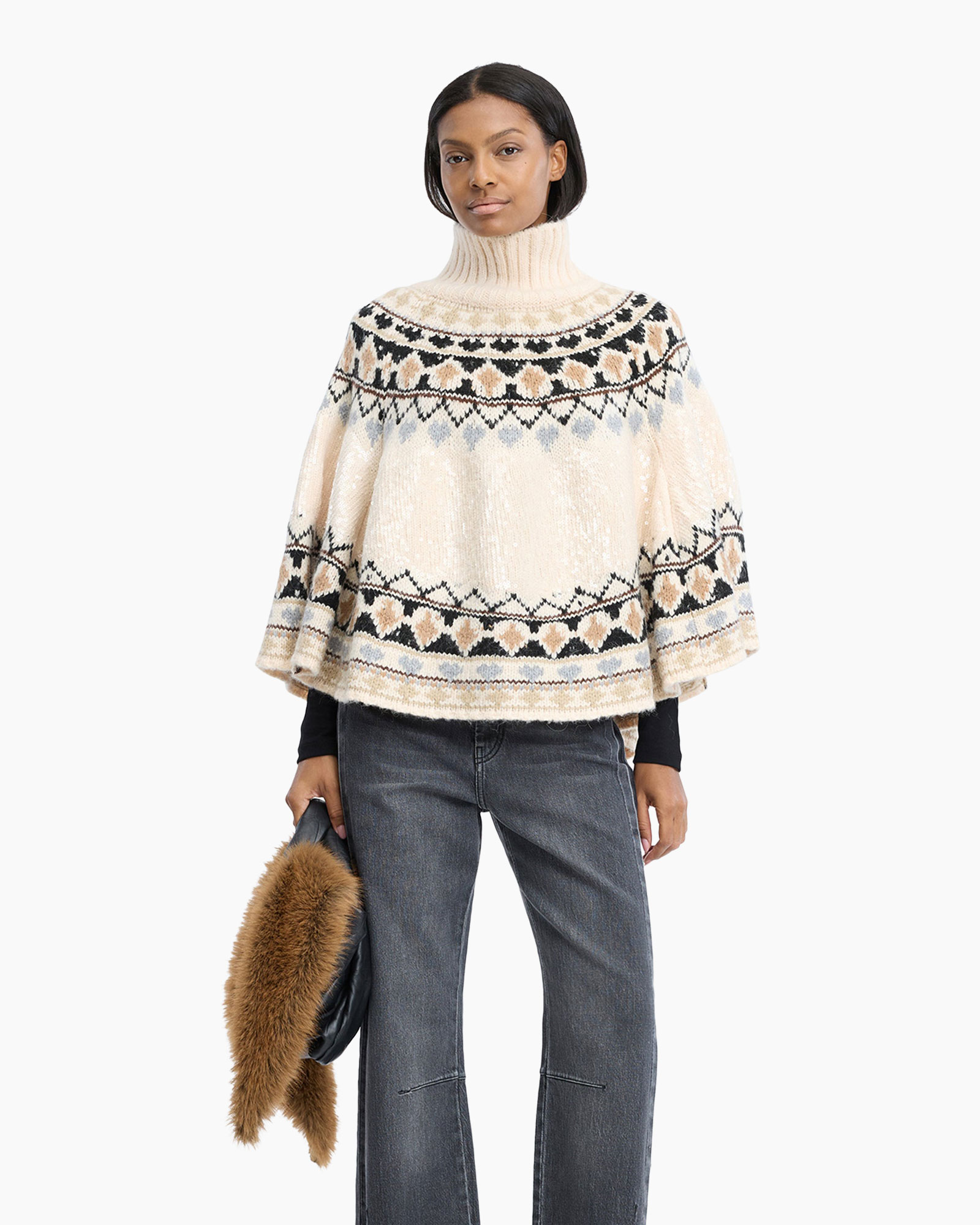 rolkraag trui, brei trui, fair isle patroon, crème, poncho-achtig