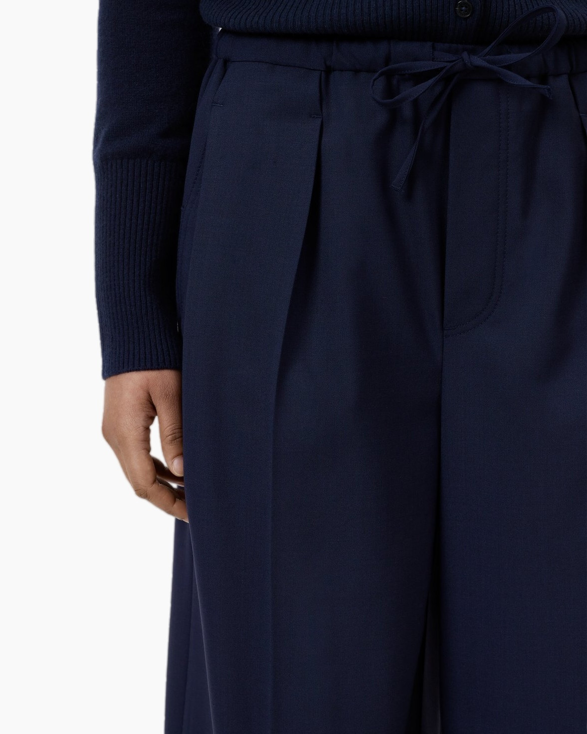 navy pants, drawstring waist, wide leg, soft fabric, pleated front