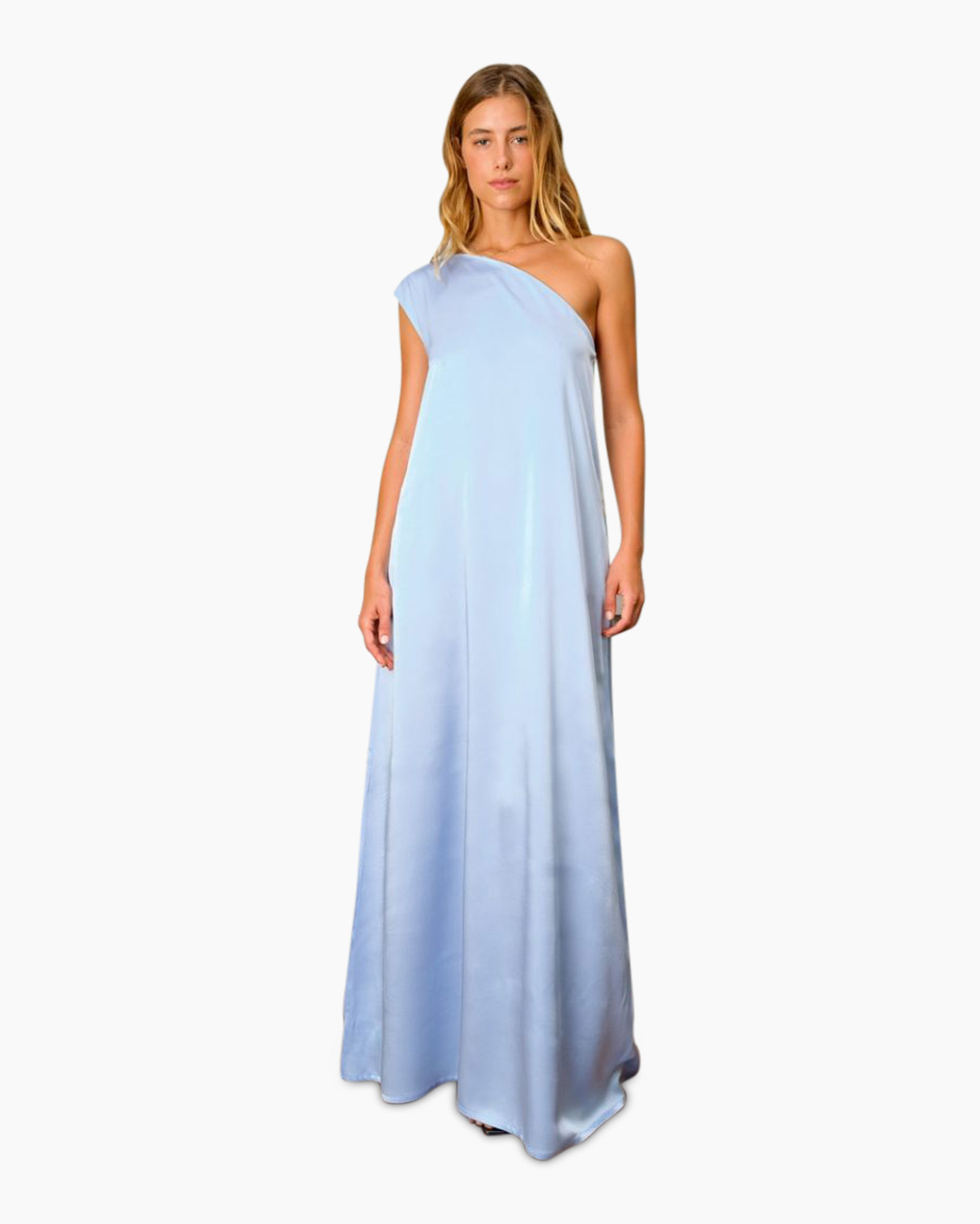 dress, evening dress, one-shoulder, long gown, light blue