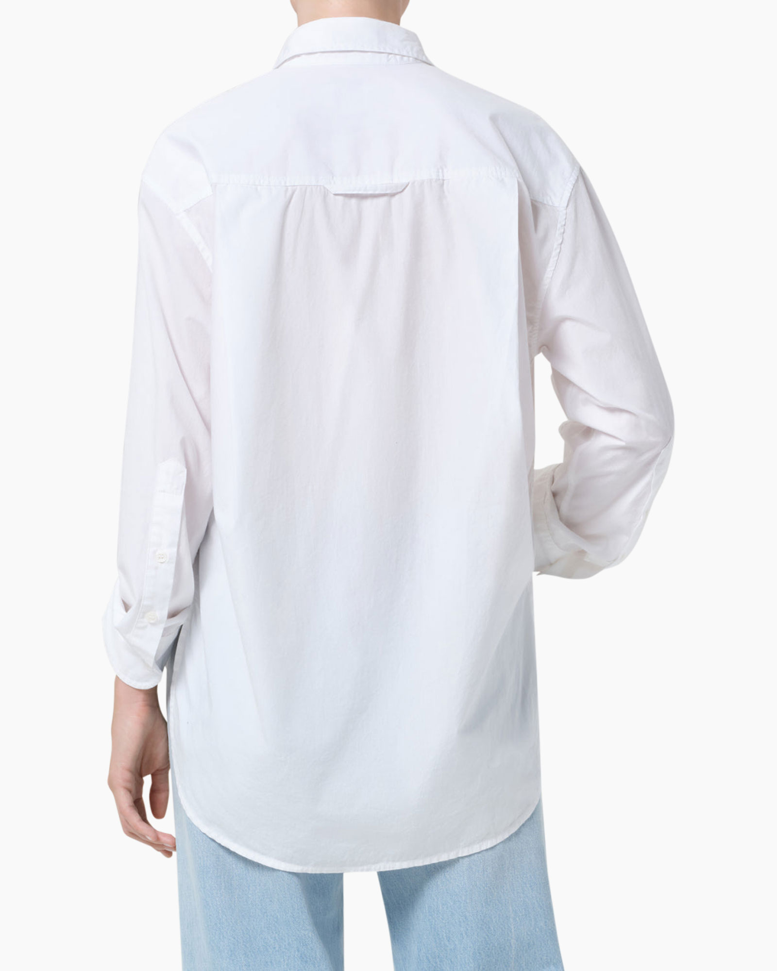 witte blouse, knopenhemd, lange mouwen, kraag, zak