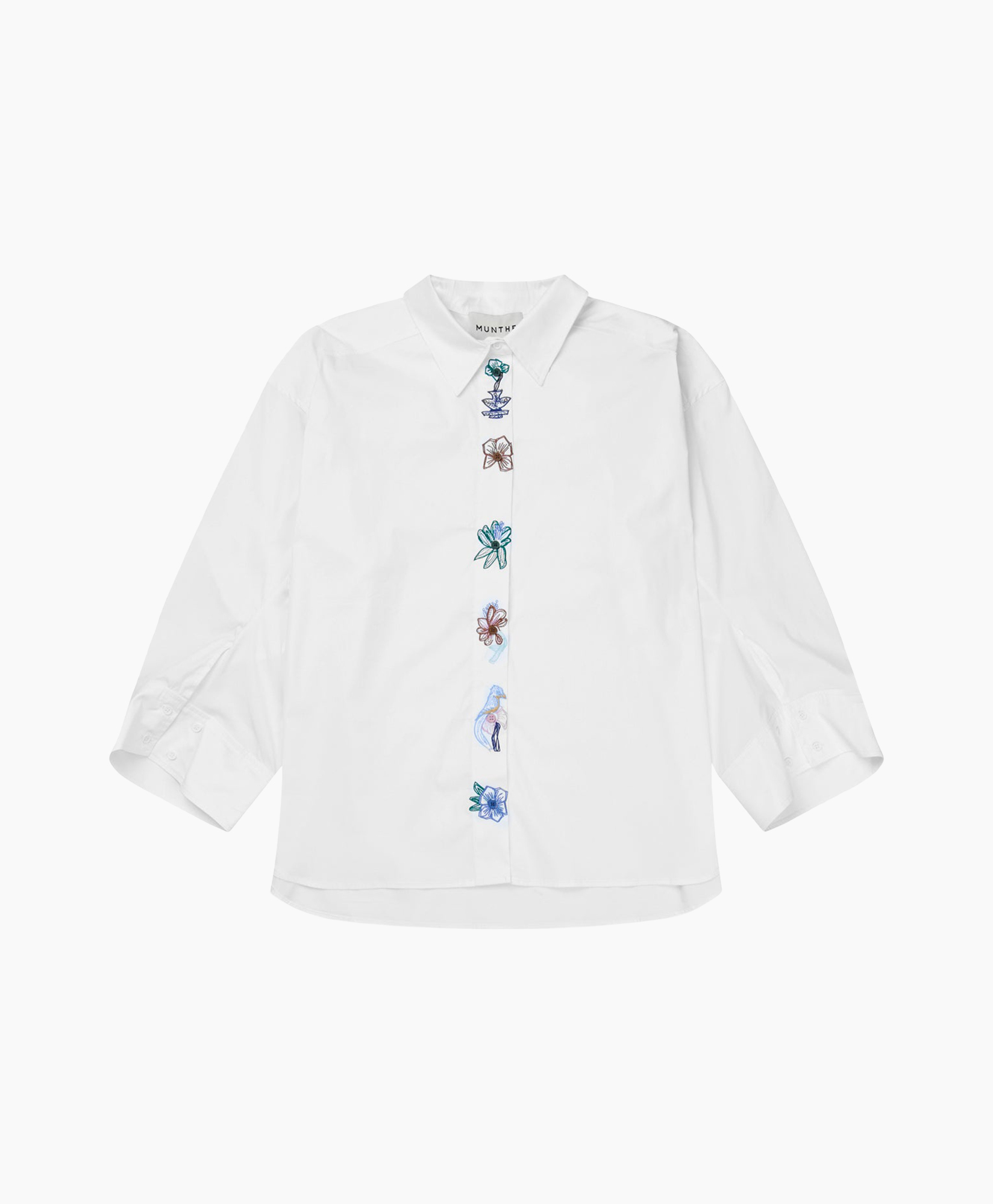 white shirt, embroidery, flower pattern, long sleeves, button placket