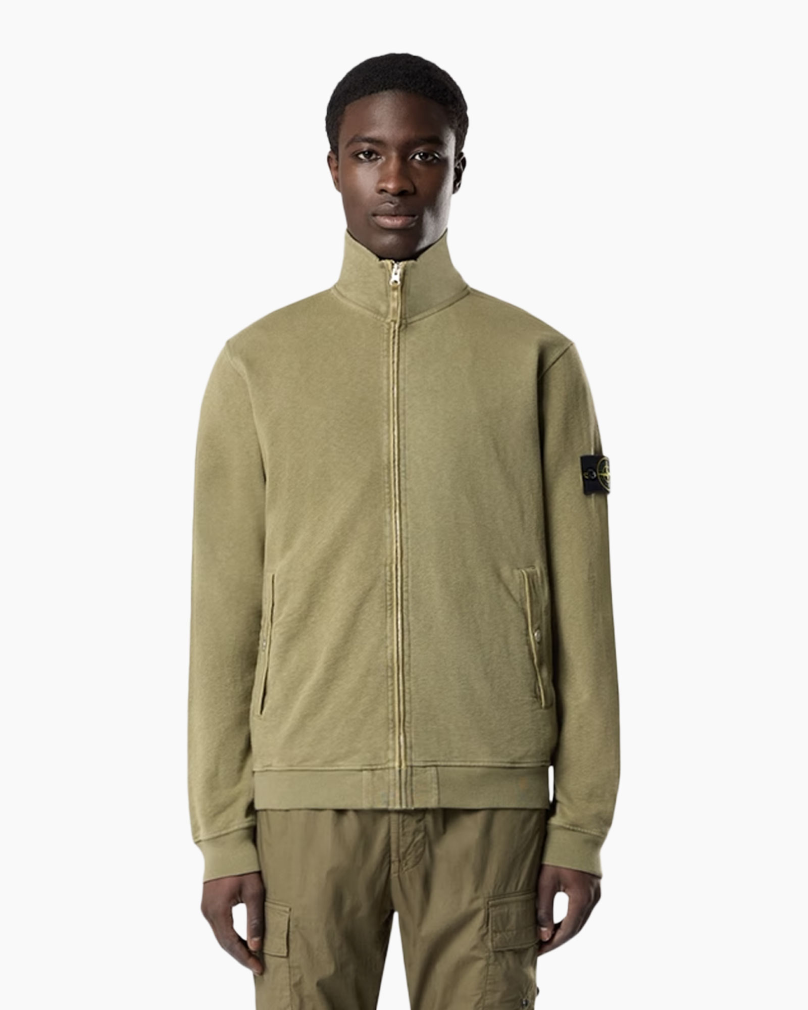 jas, rits, hoge kraag, beige, cargo broek