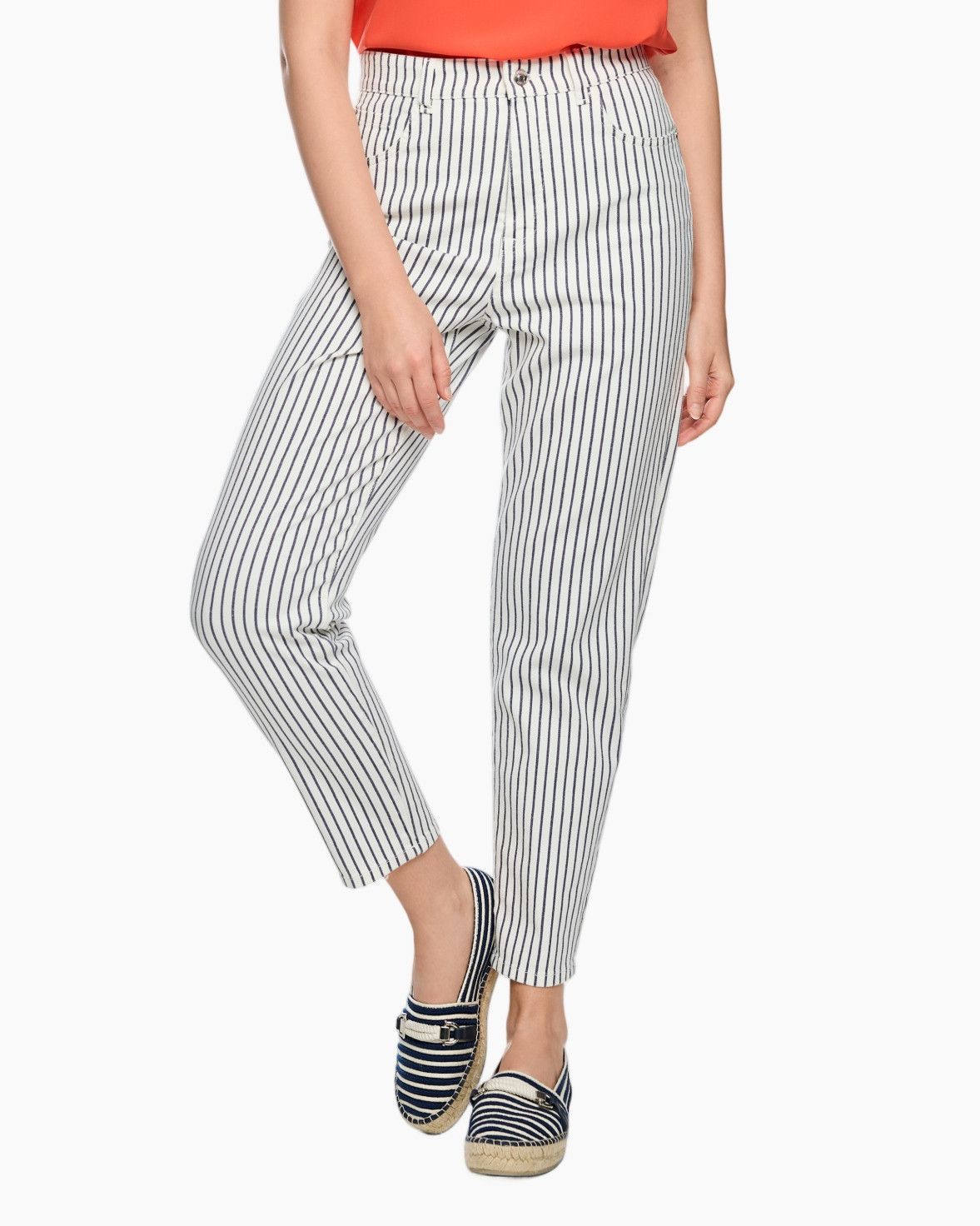 gestreepte broek, linnen broek, navy strepen, enkellengte, instapschoenen