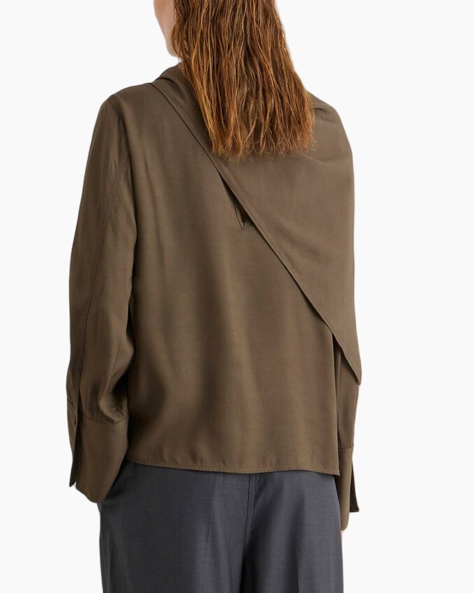 blouse, langarm, eengekleurig, bruin, sjaaldetail