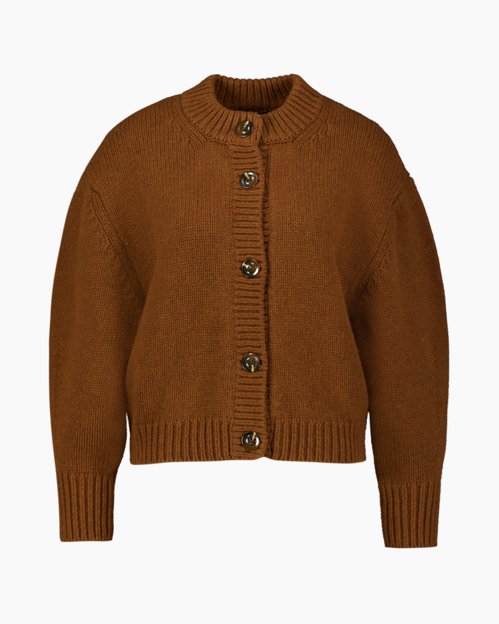 gebreide cardigan, bruine cardigan, knopen cardigan, ribgebreide boorden, kraagloze ronde hals