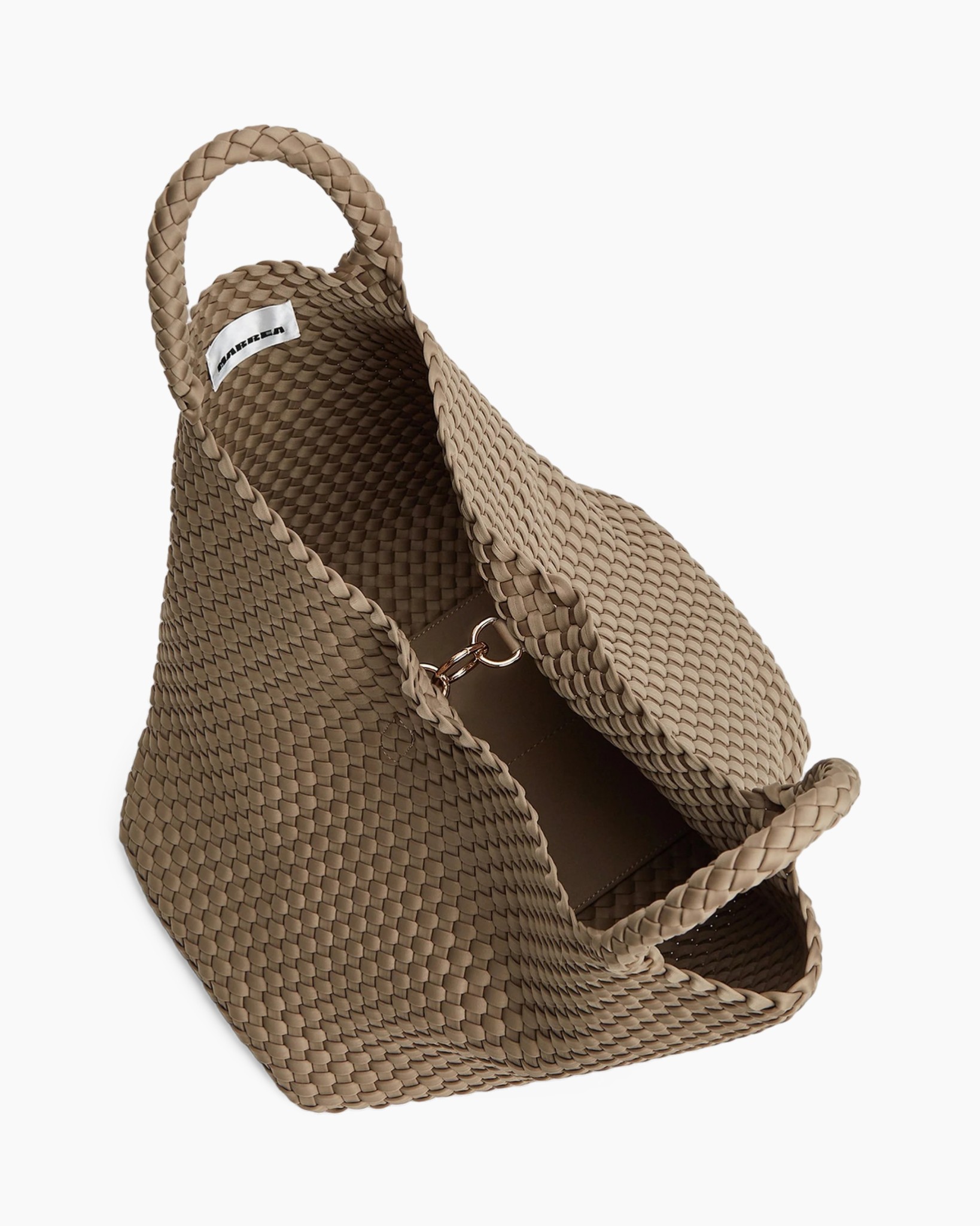 gevlochten tas, mand-tas, handtas, tan kleur, binnenzak