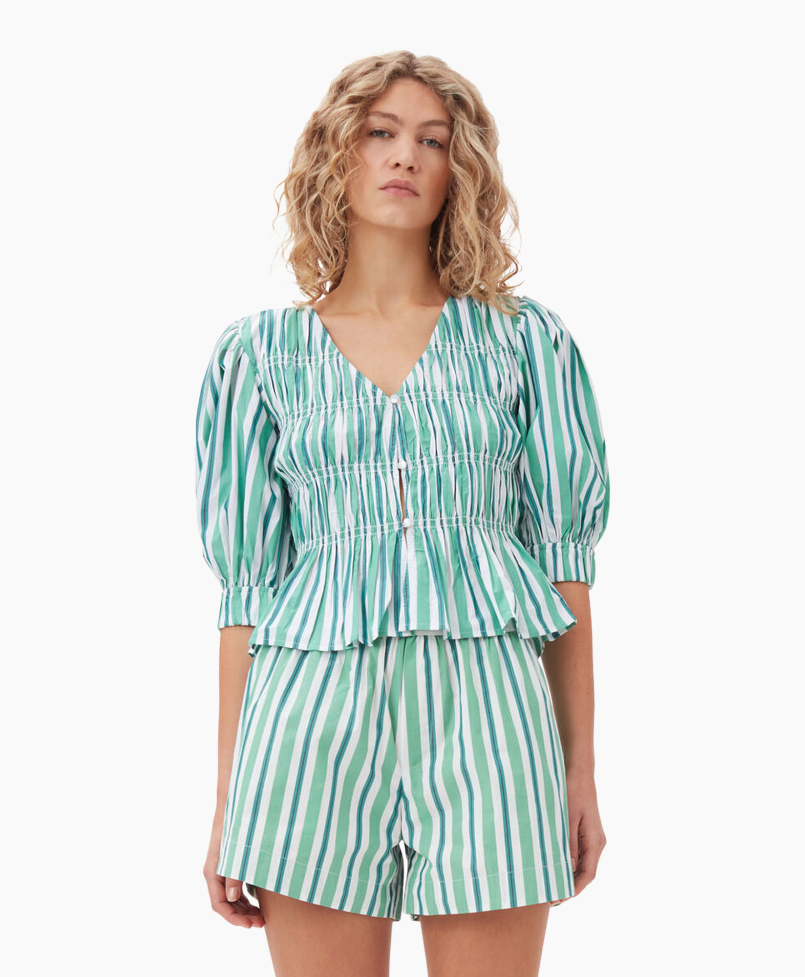 Blouse Stripe Cotton V-neck Fitted Groen