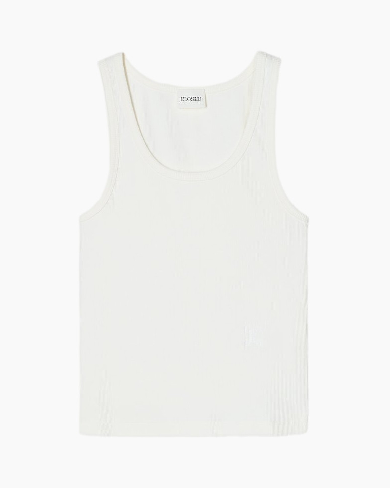 tanktop, wit, mouwloos, ribbel, katoen