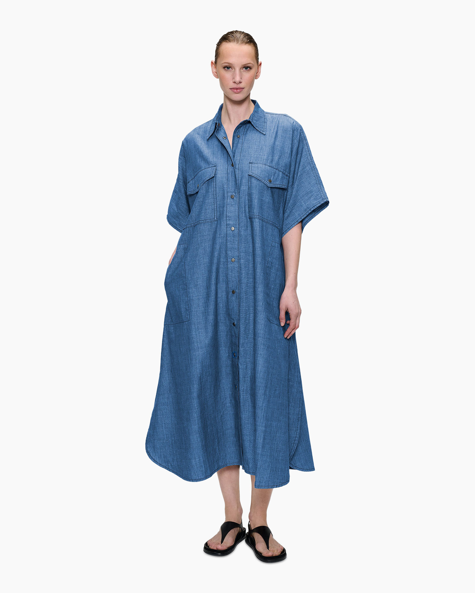 denim jurk, lange jurk, knopen voor, korte mouwen, kraagjurk