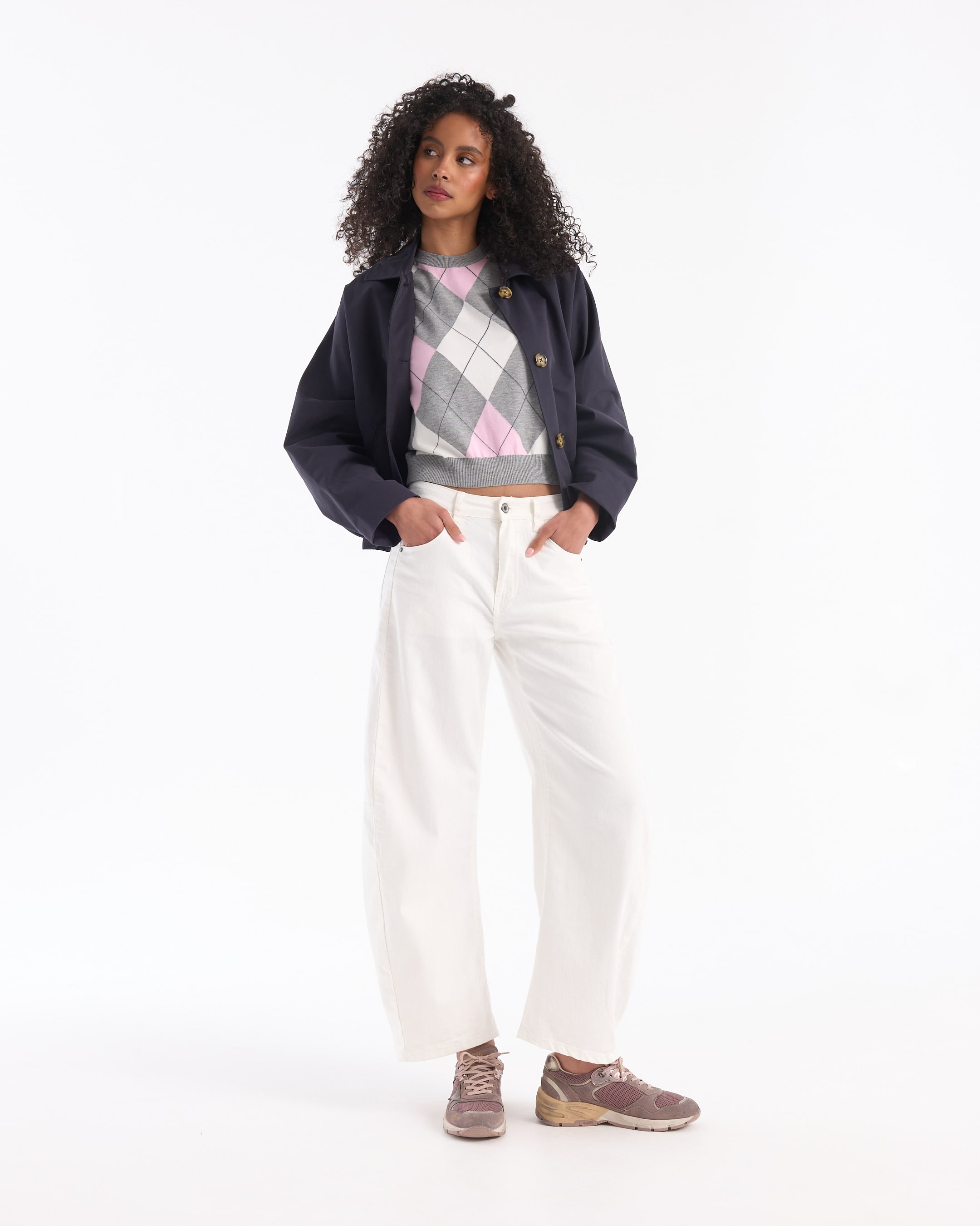 jacket, cardigan, sweater, wide-leg pants, argyle pattern