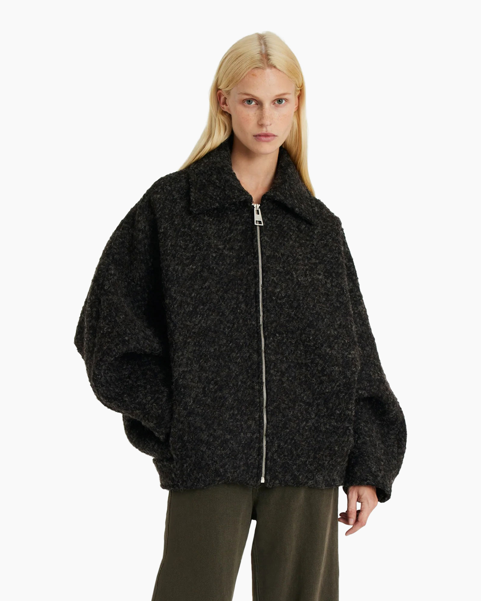 jaszak bomber, gesteppelde rits, gebreide stof, oversized, zwart
