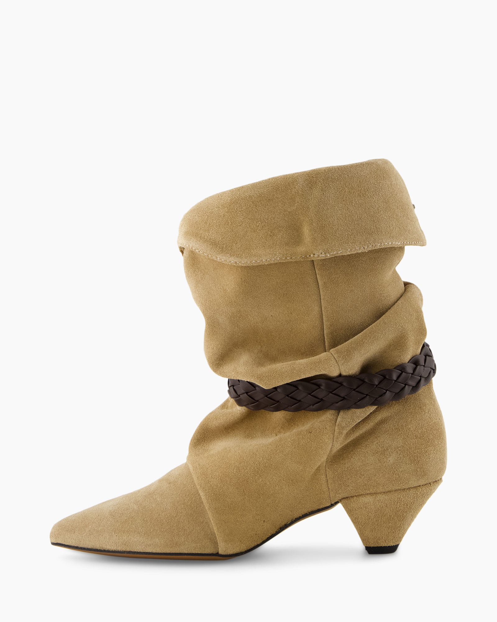 ankle boot, suede, riem, lage hak, tan